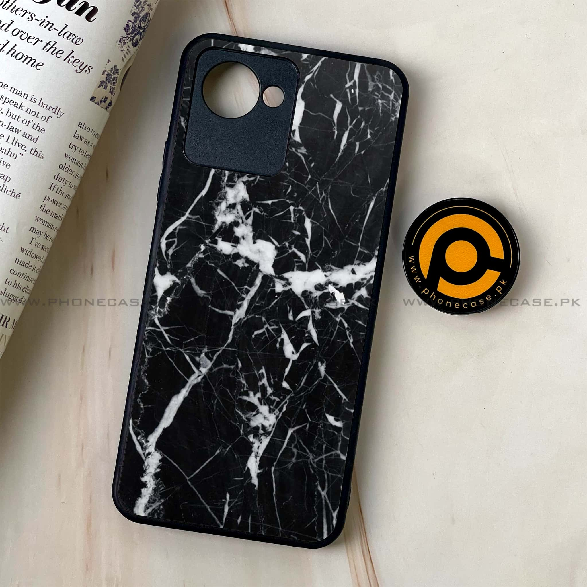 Realme C30 - Black Marble Series - Premium Printed Glass soft Bumper shock Proof Case