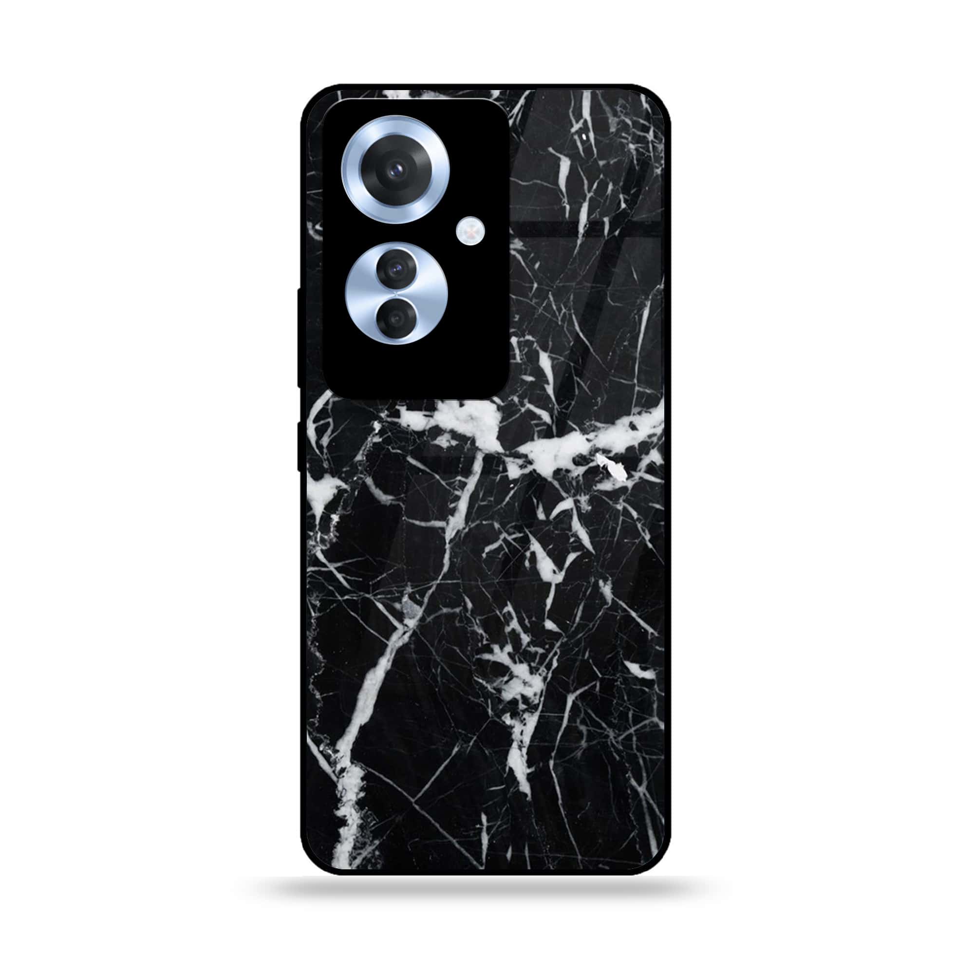 Oppo Reno 11F - Black Marble Series - Premium Printed Glass soft Bumper shock Proof Case