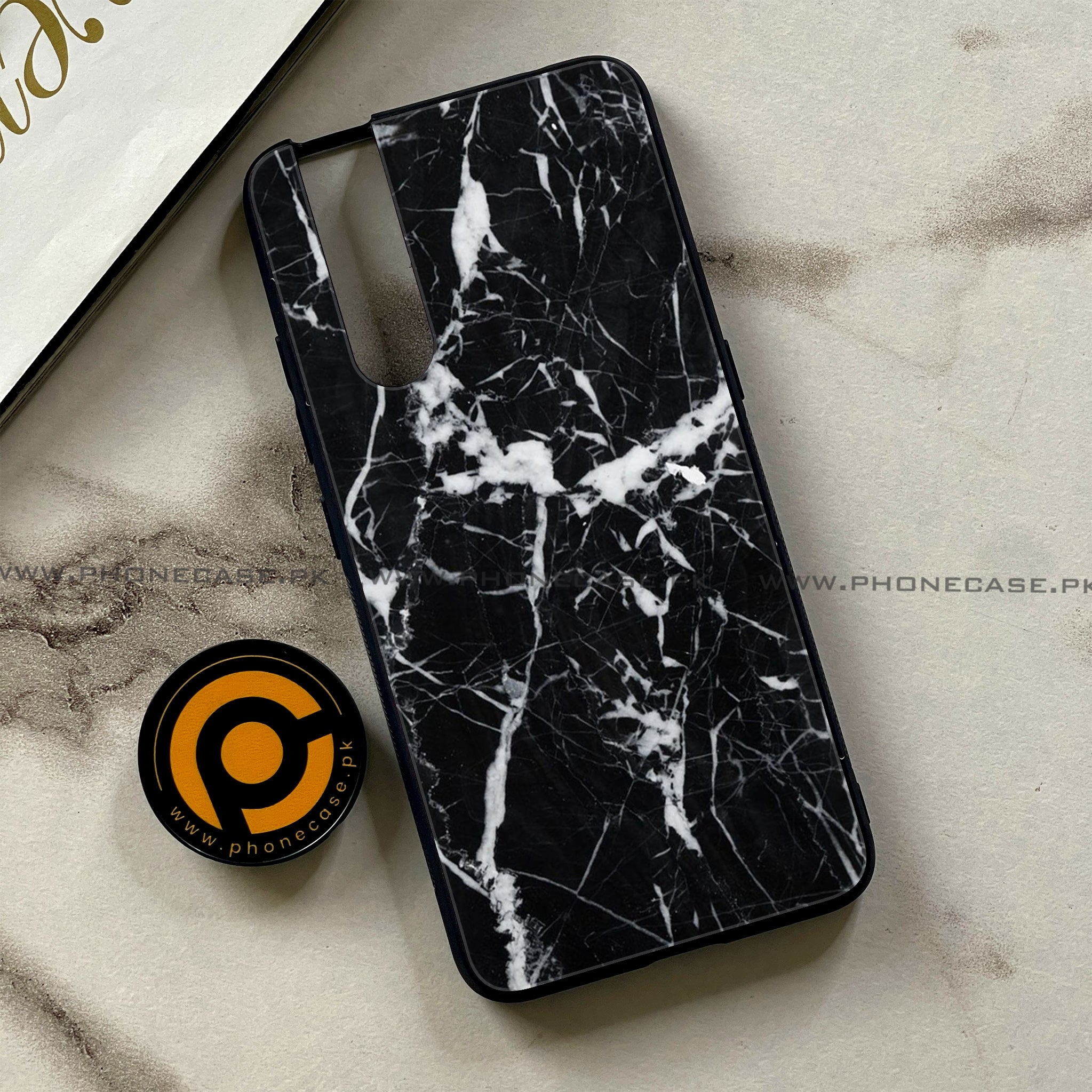 Vivo V15 Pro - Black Marble Series - Premium Printed Glass soft Bumper shock Proof Case