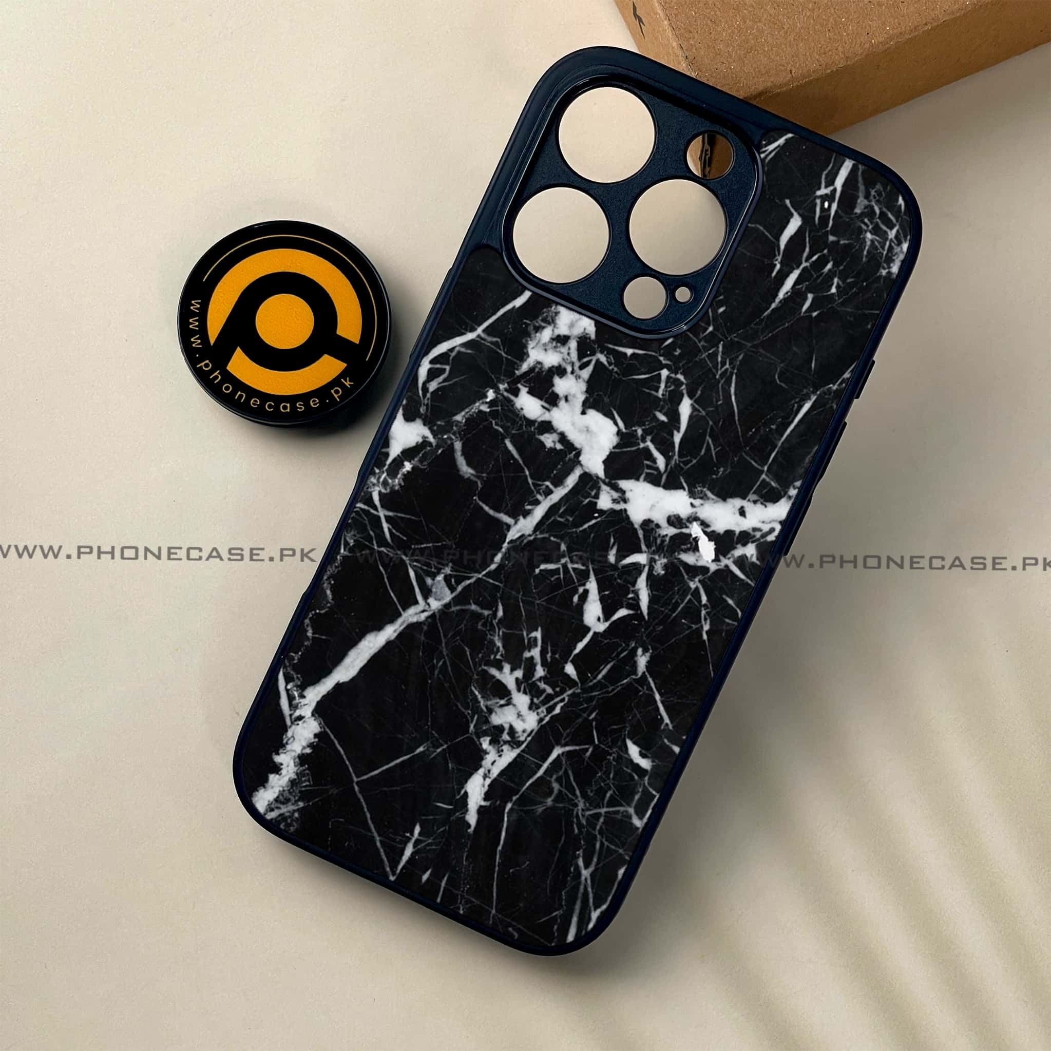 iPhone 16 Pro - Black Marble Series - Premium Printed Glass soft Bumper shock Proof Case