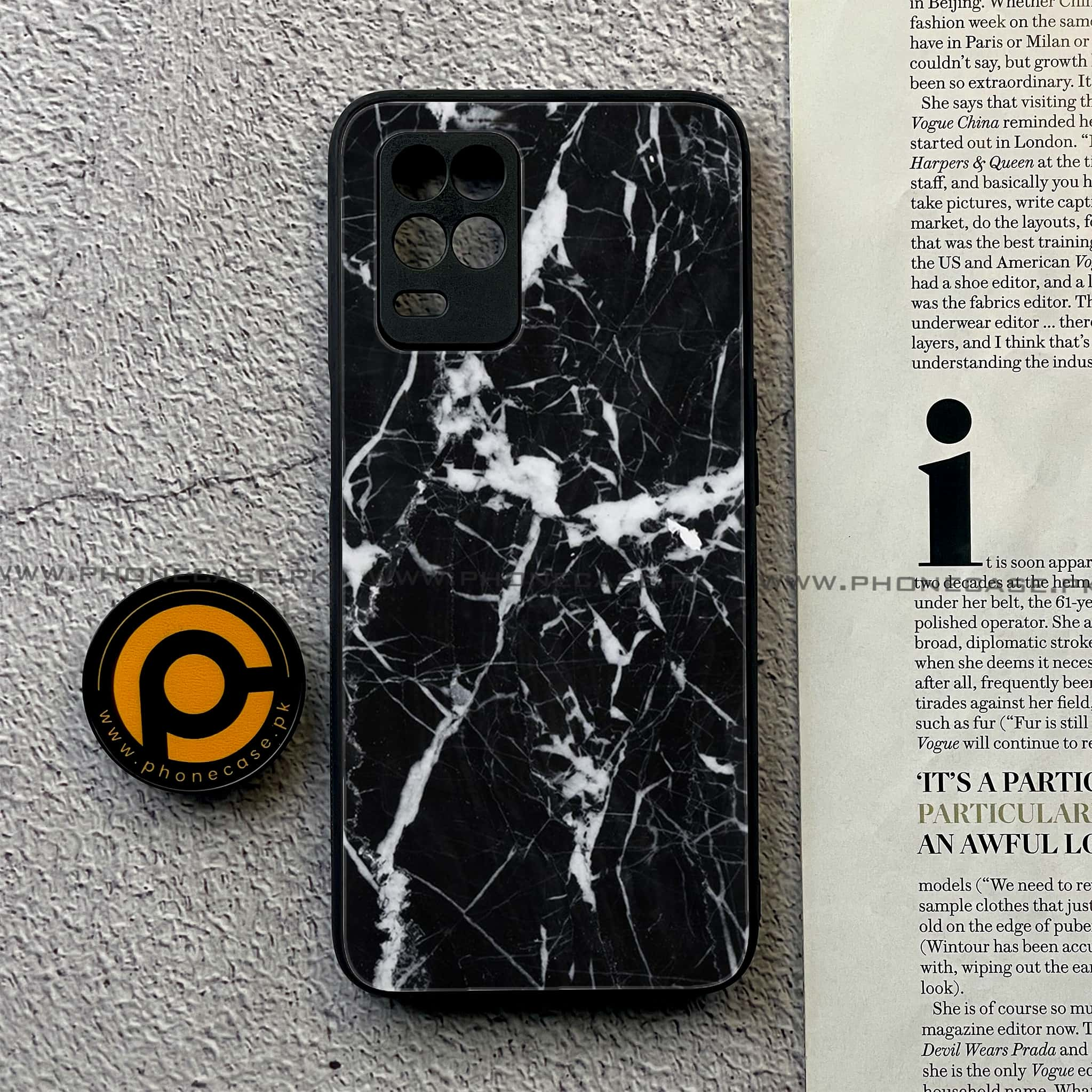 Realme Narzo 30 5G - Black Marble Series - Premium Printed Glass soft Bumper shock Proof Case