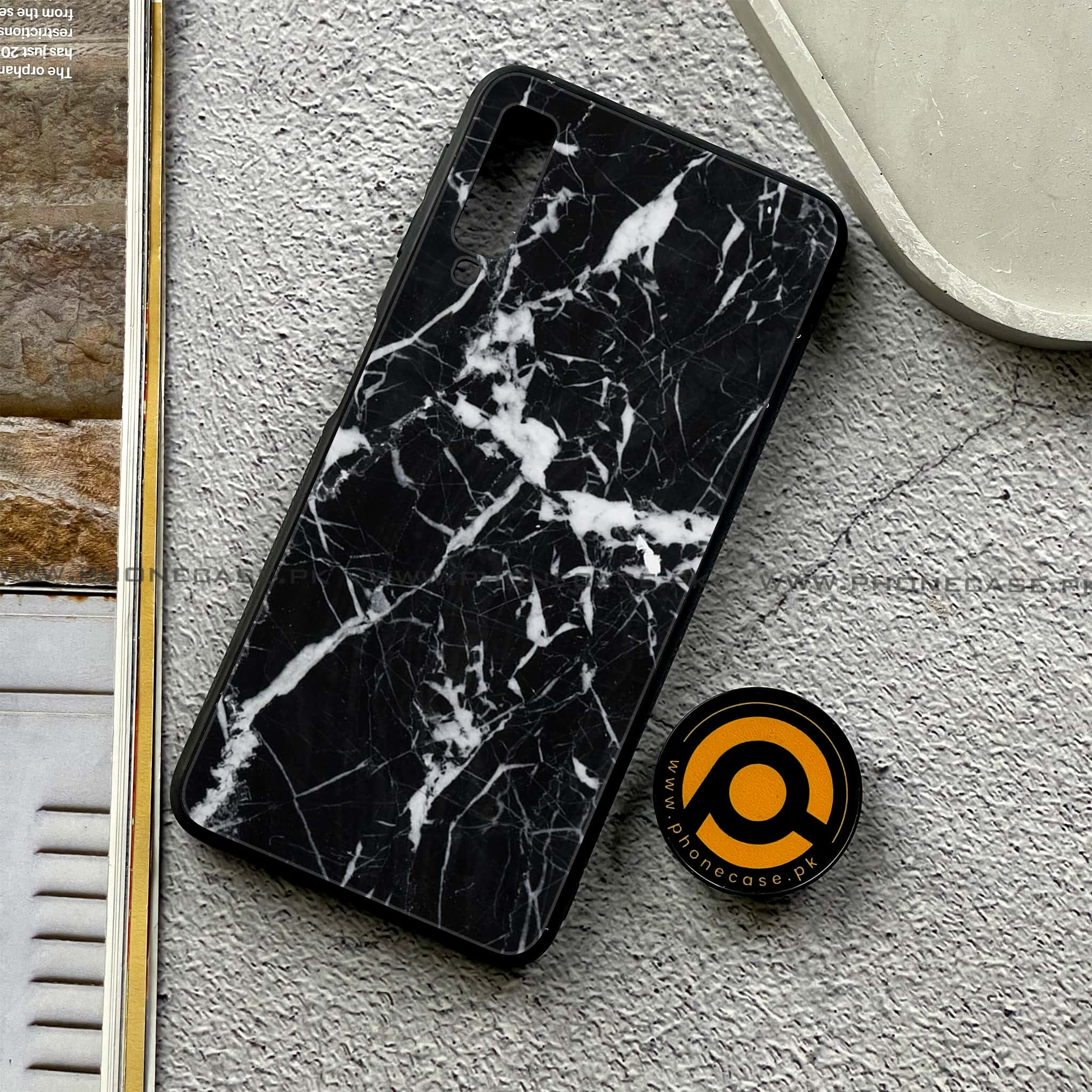 Galaxy A7 2018 - Black Marble Series - Premium Printed Metal soft Bumper shock Proof Case