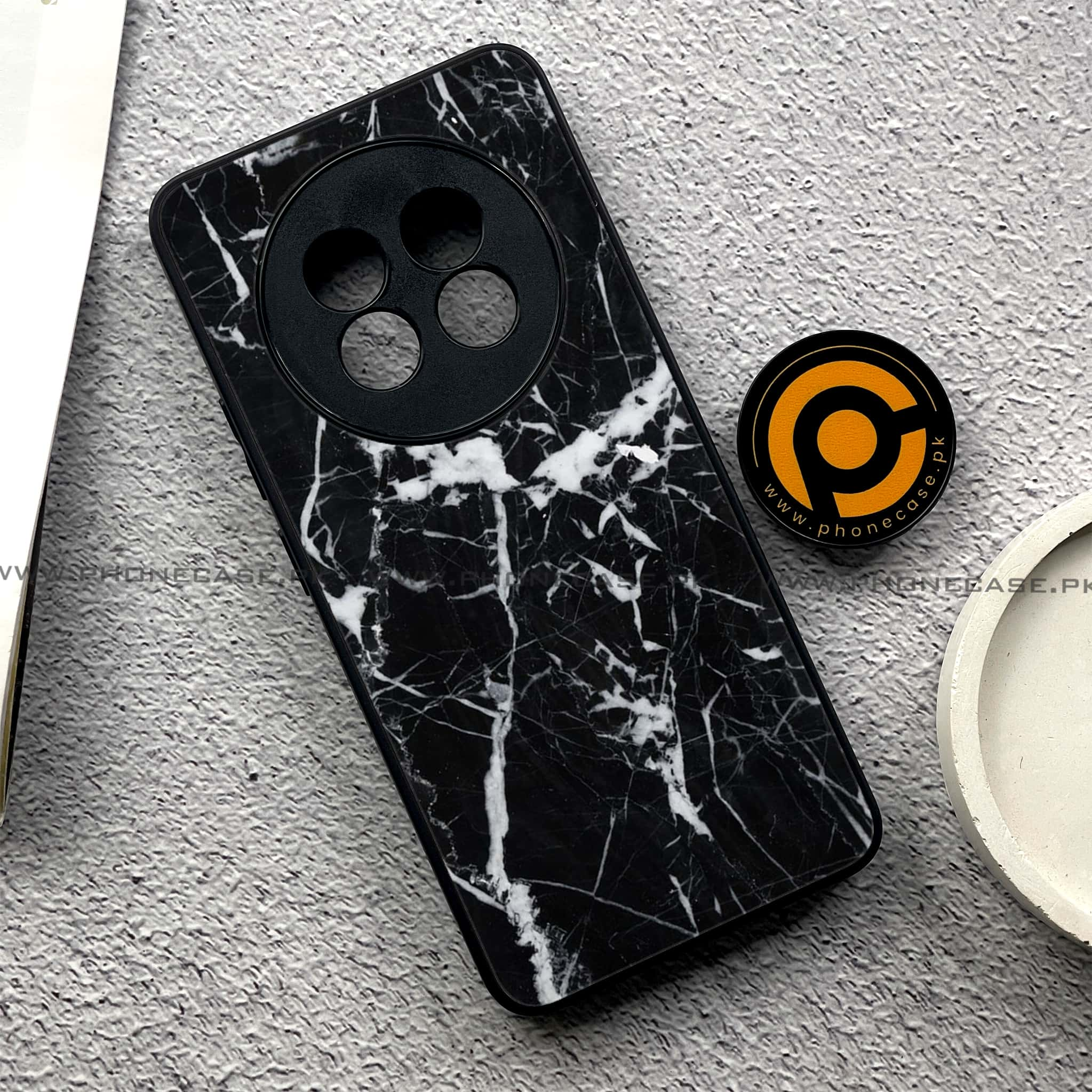 Realme 13 Plus - Black Marble Series - Premium Printed Glass soft Bumper shock Proof Case