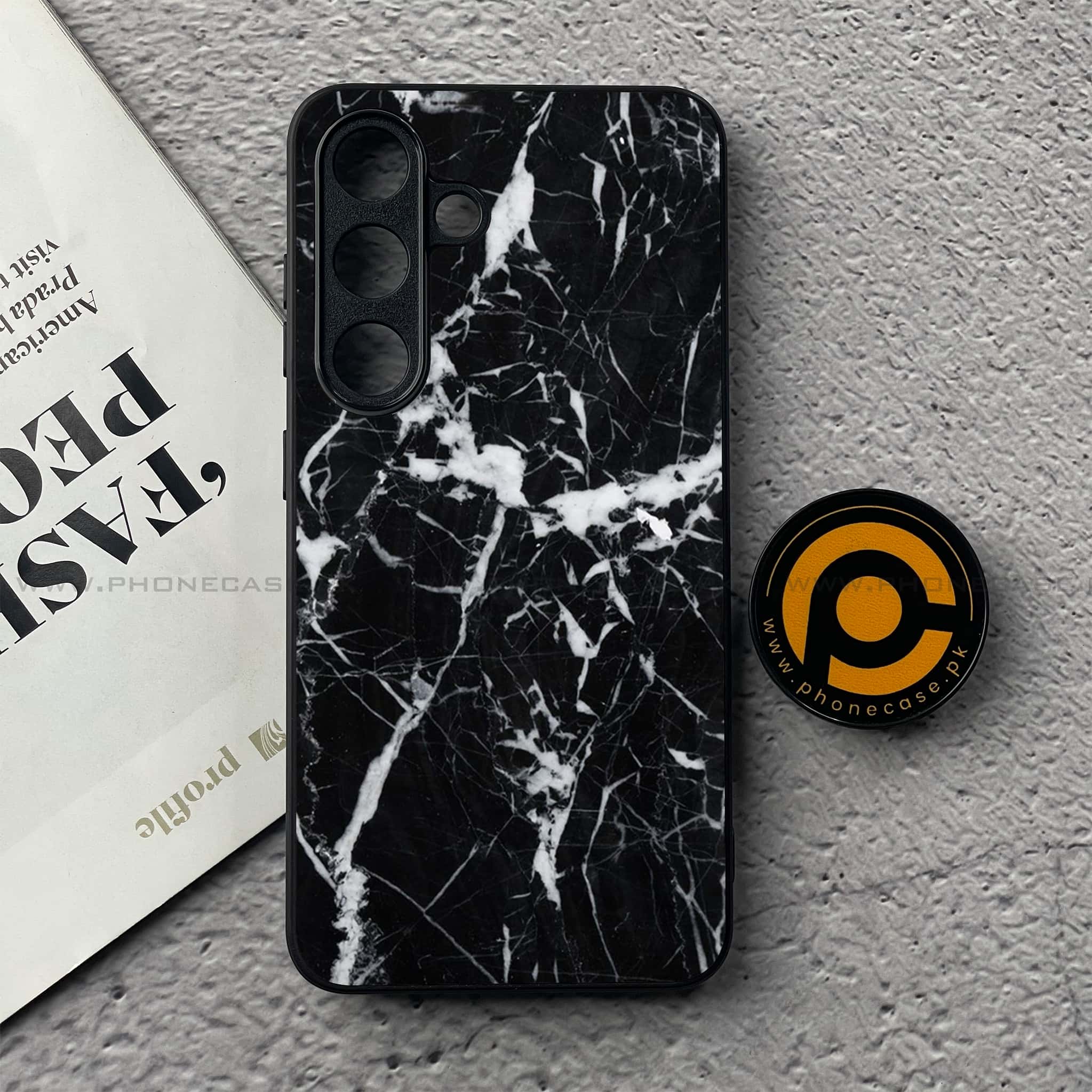 Samsung Galaxy S25 FE - Black Marble Series - Premium Metal Printed soft Bumper shock Proof Case