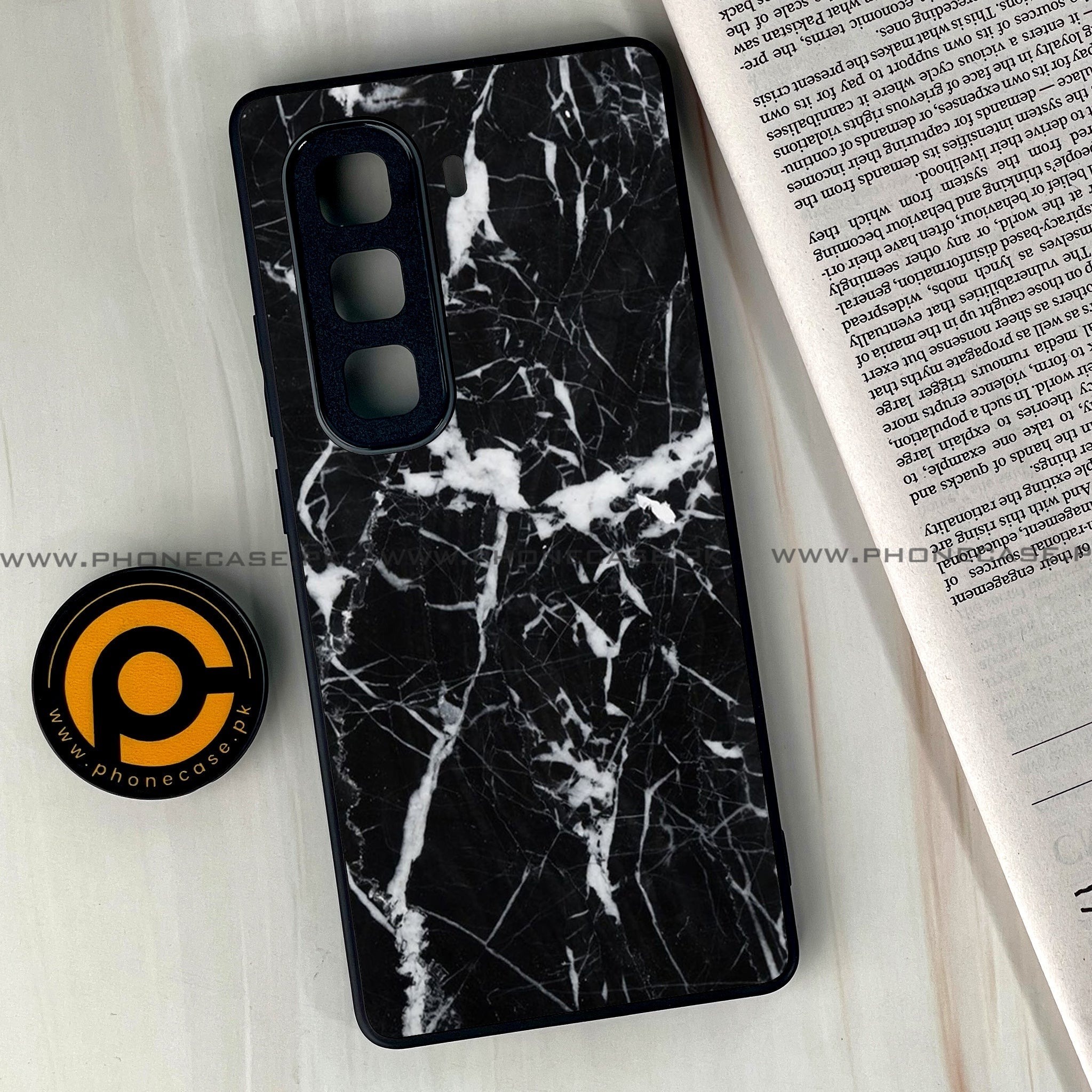 Infinix Hot 60  - Black Marble Series - Premium Metal Printed soft Bumper shock Proof Case