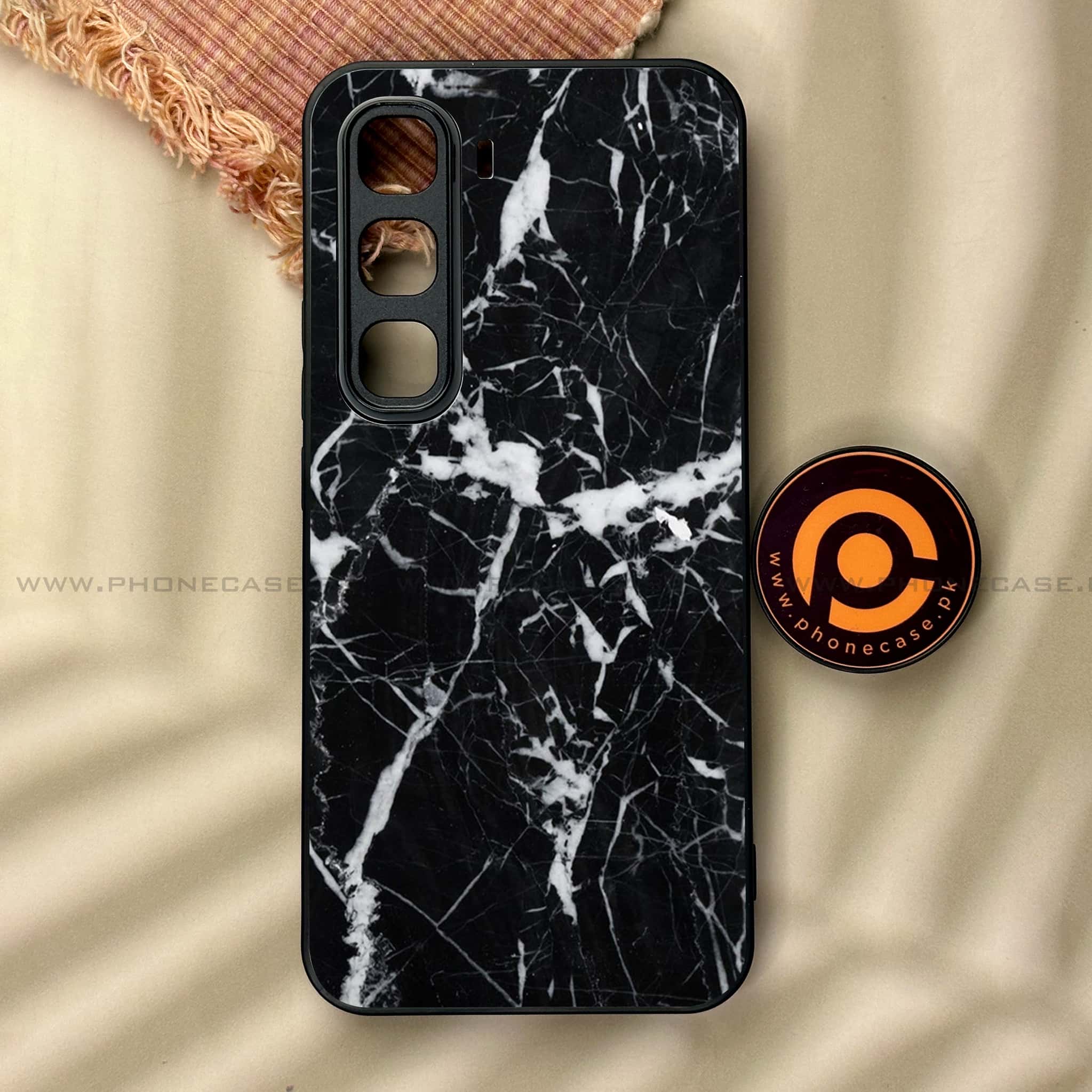 Infinix Hot 60 Pro - Black Marble Series - Premium Metal Printed soft Bumper shock Proof Case