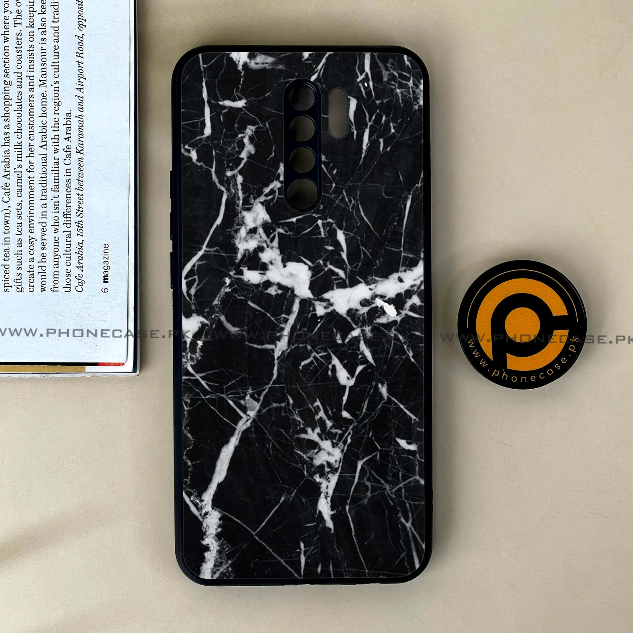 Xiaomi Redmi 9 - Black Marble Series - Premium Printed Glass soft Bumper shock Proof Case