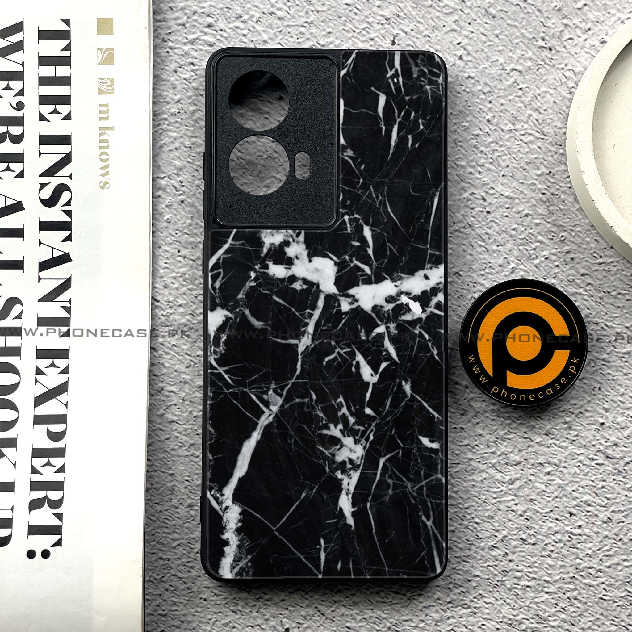 Moto G85 - Black Marble Series - Premium Printed Glass soft Bumper shock Proof Case