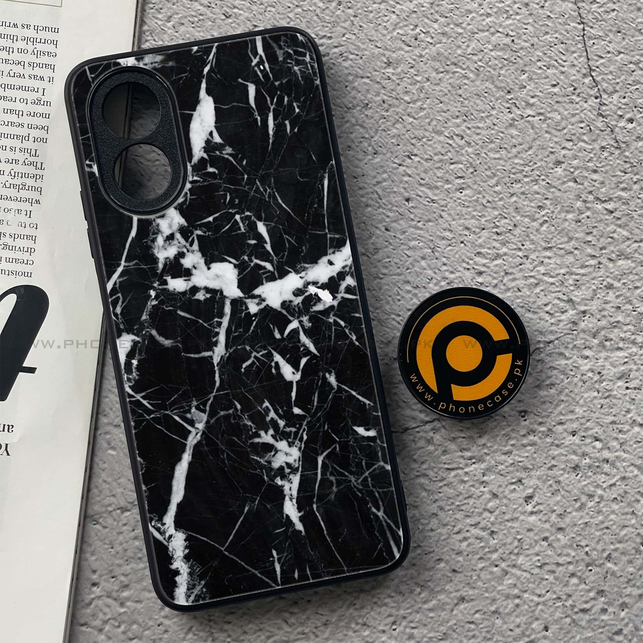 Oppo A18 4G - Black Marble Series - Premium Printed Glass soft Bumper shock Proof Case