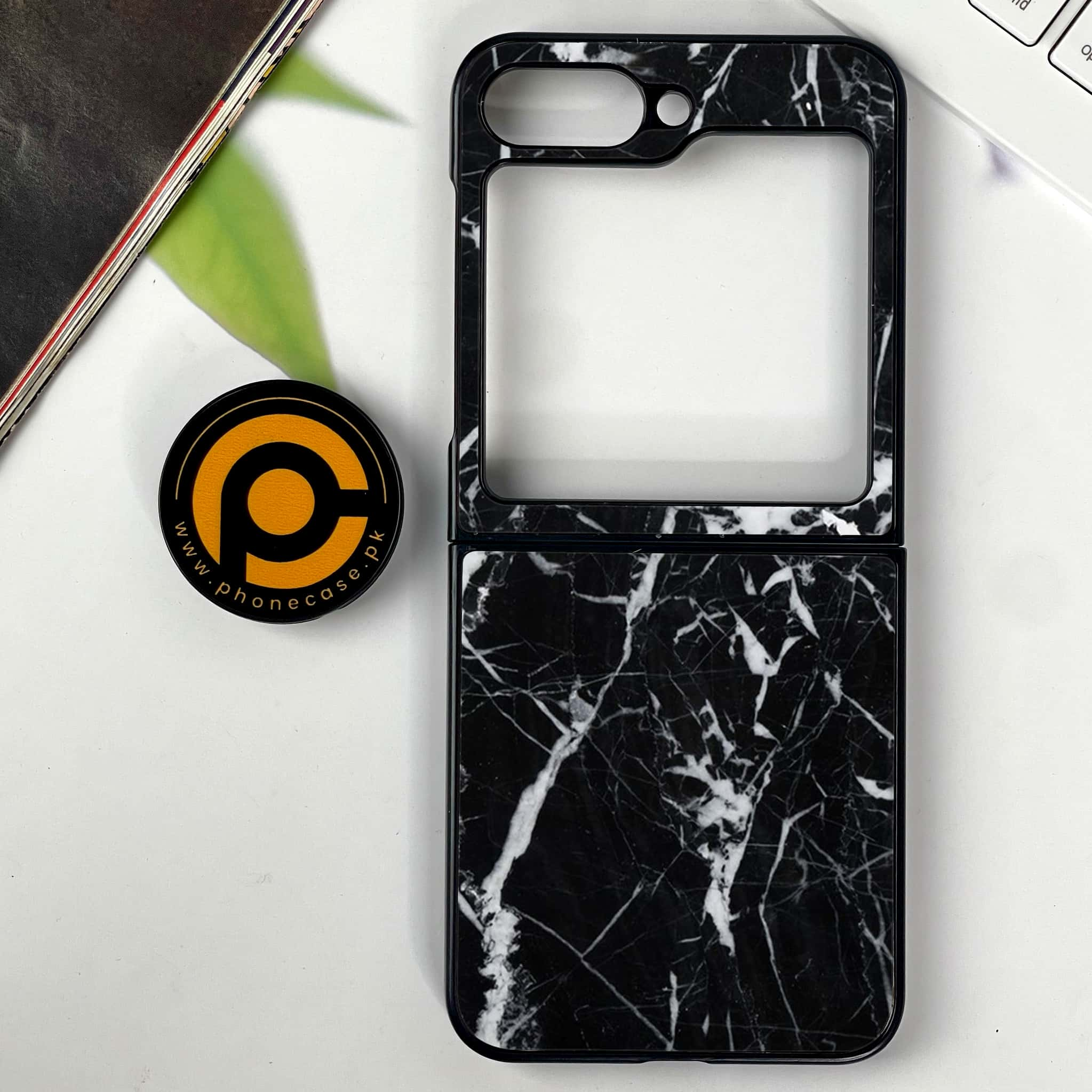 Galaxy Z Flip 6 - Black Marble Series - Premium Printed Glass soft Bumper shock Proof Case