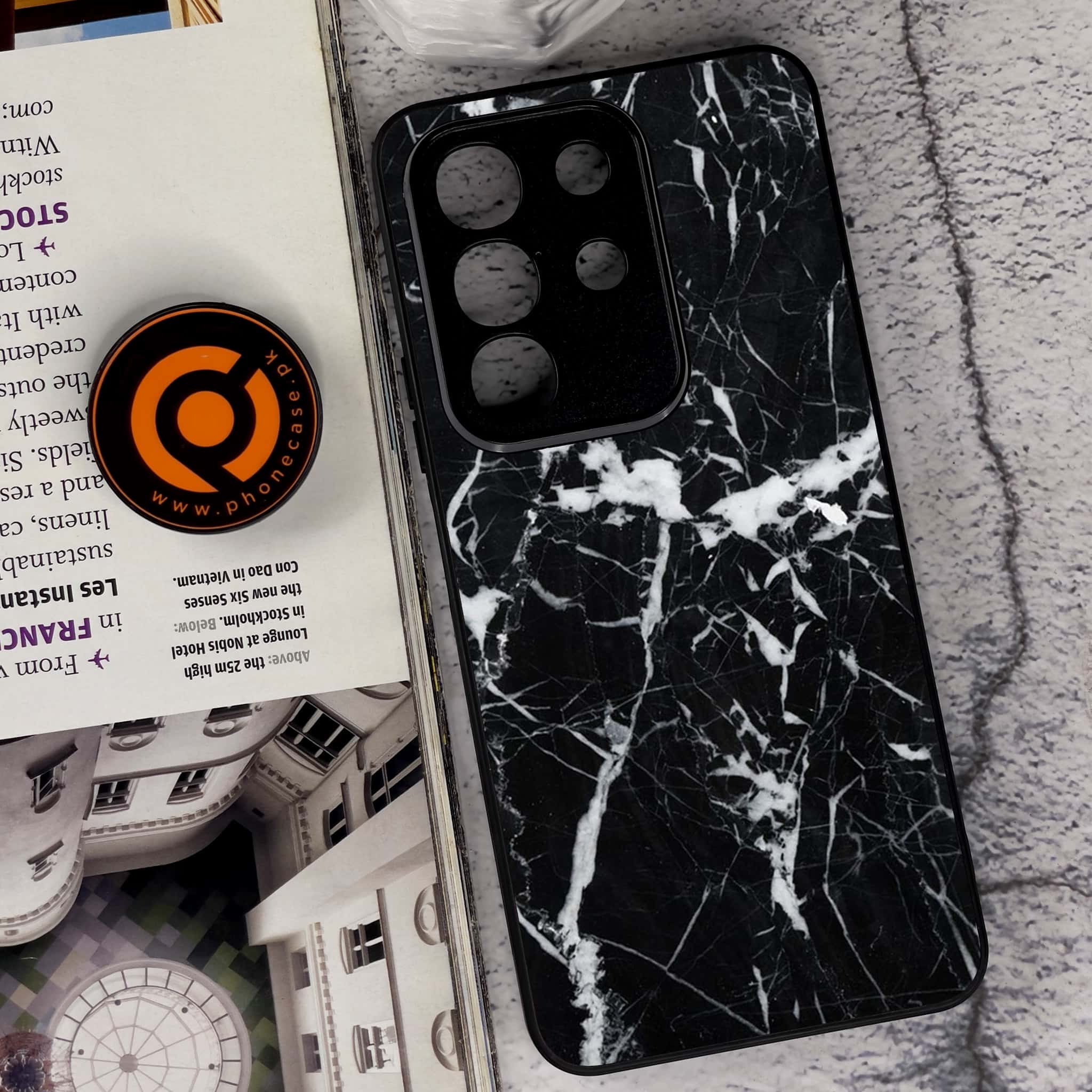 Vivo Y29 4G - Black Marble Series - Premium Metal Printed soft Bumper Shock Proof Case