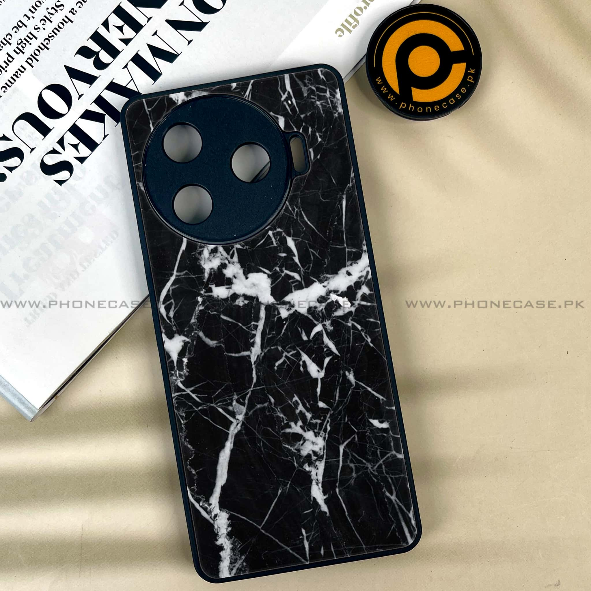 Tecno Camon 30 Pro - Black Marble Series - Premium Printed Glass soft Bumper shock Proof Case