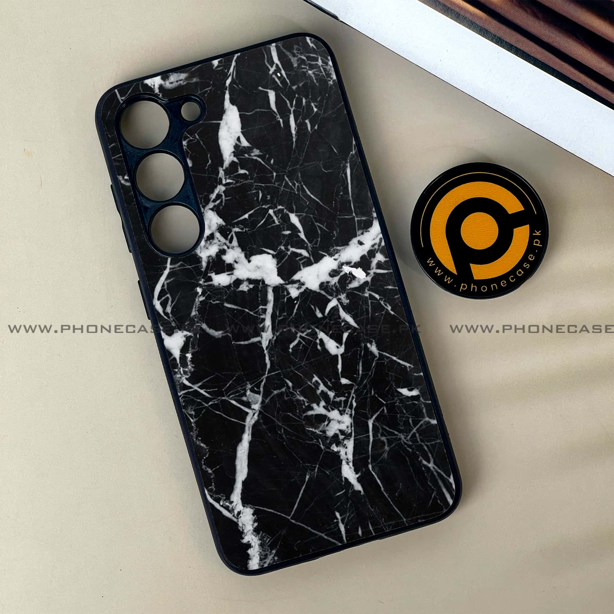 Samsung Galaxy S23 - Black Marble Series - Premium Printed Glass soft Bumper shock Proof Case