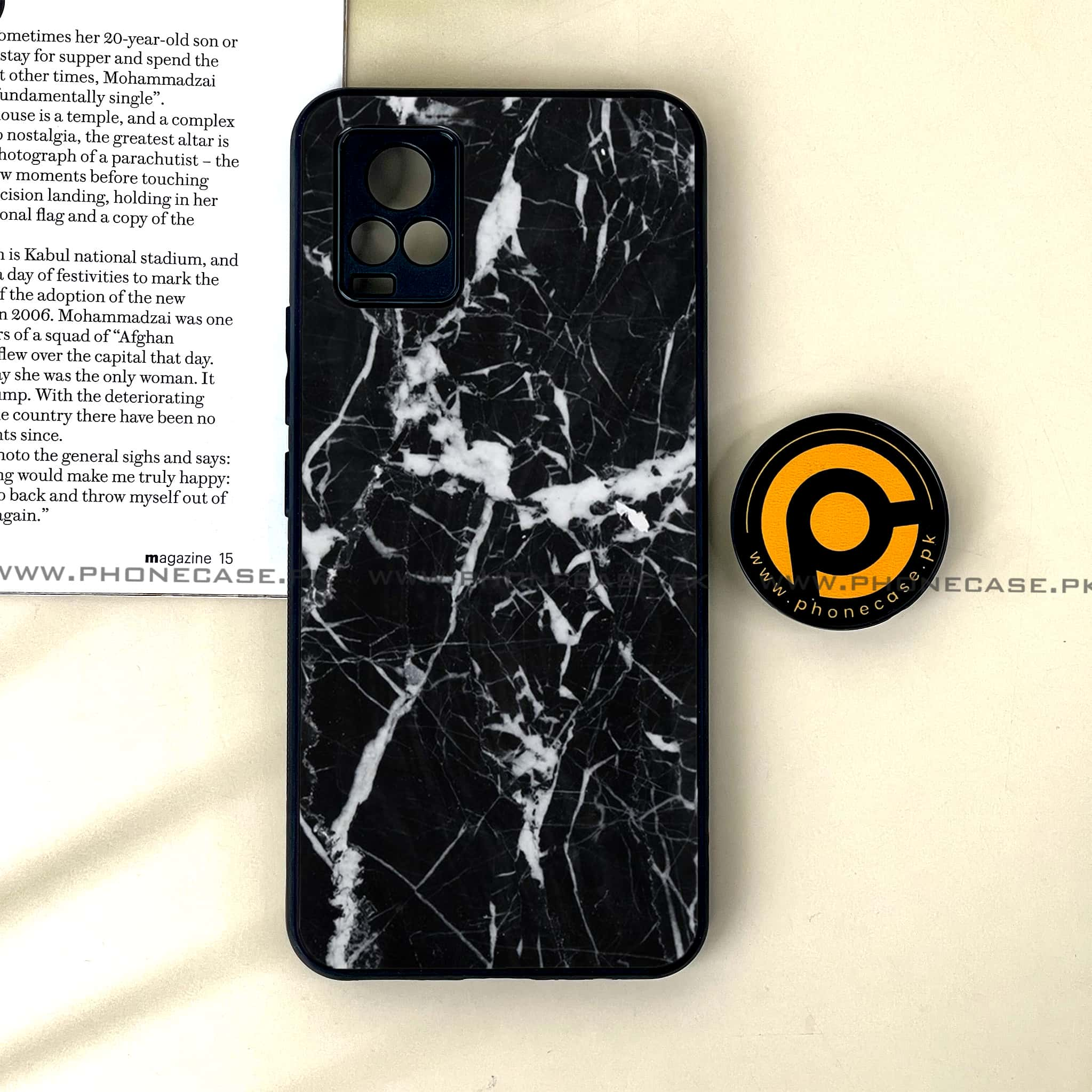 Vivo V20 - Black Marble Series - Premium Printed Glass soft Bumper shock Proof Case