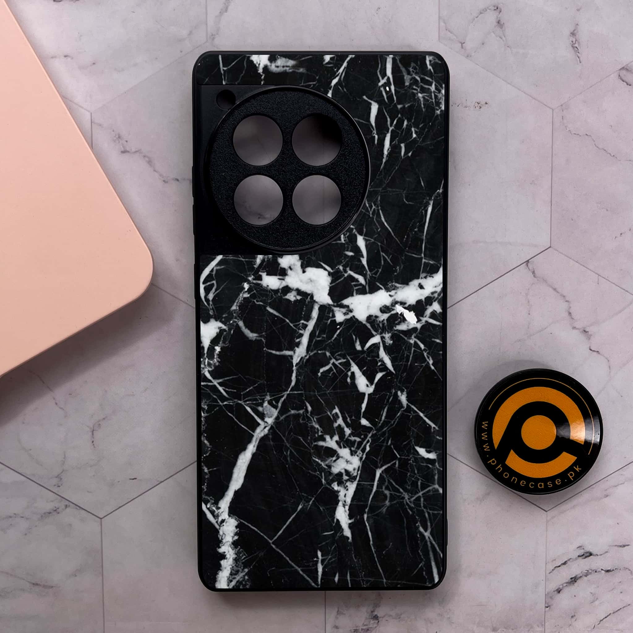 OnePlus 12R - Black Marble Series - Premium Metal Printed soft Bumper shock Proof Case