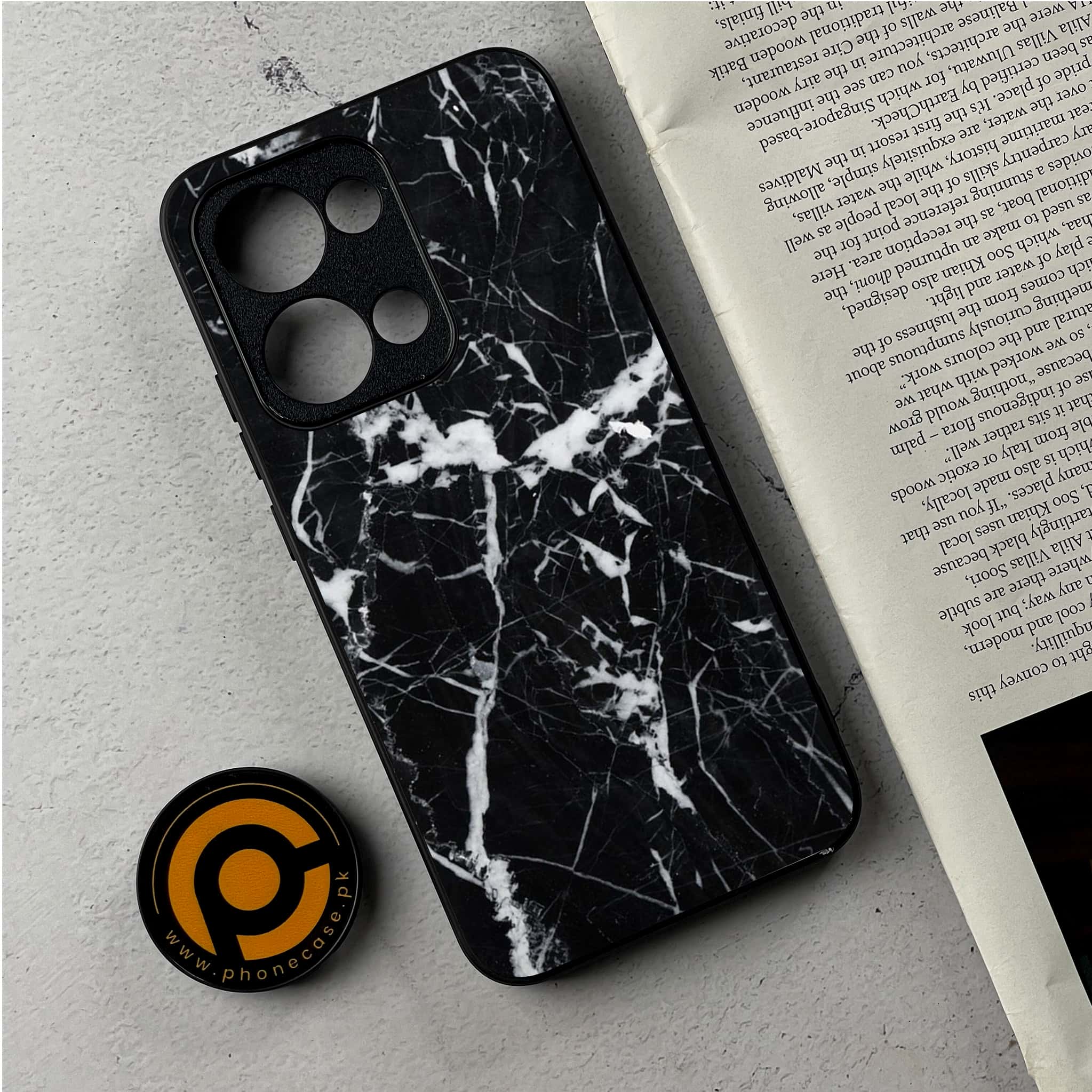 Oppo Reno 13 - Black Marble Series - Premium Metal Printed Soft Bumper Shockproof Case