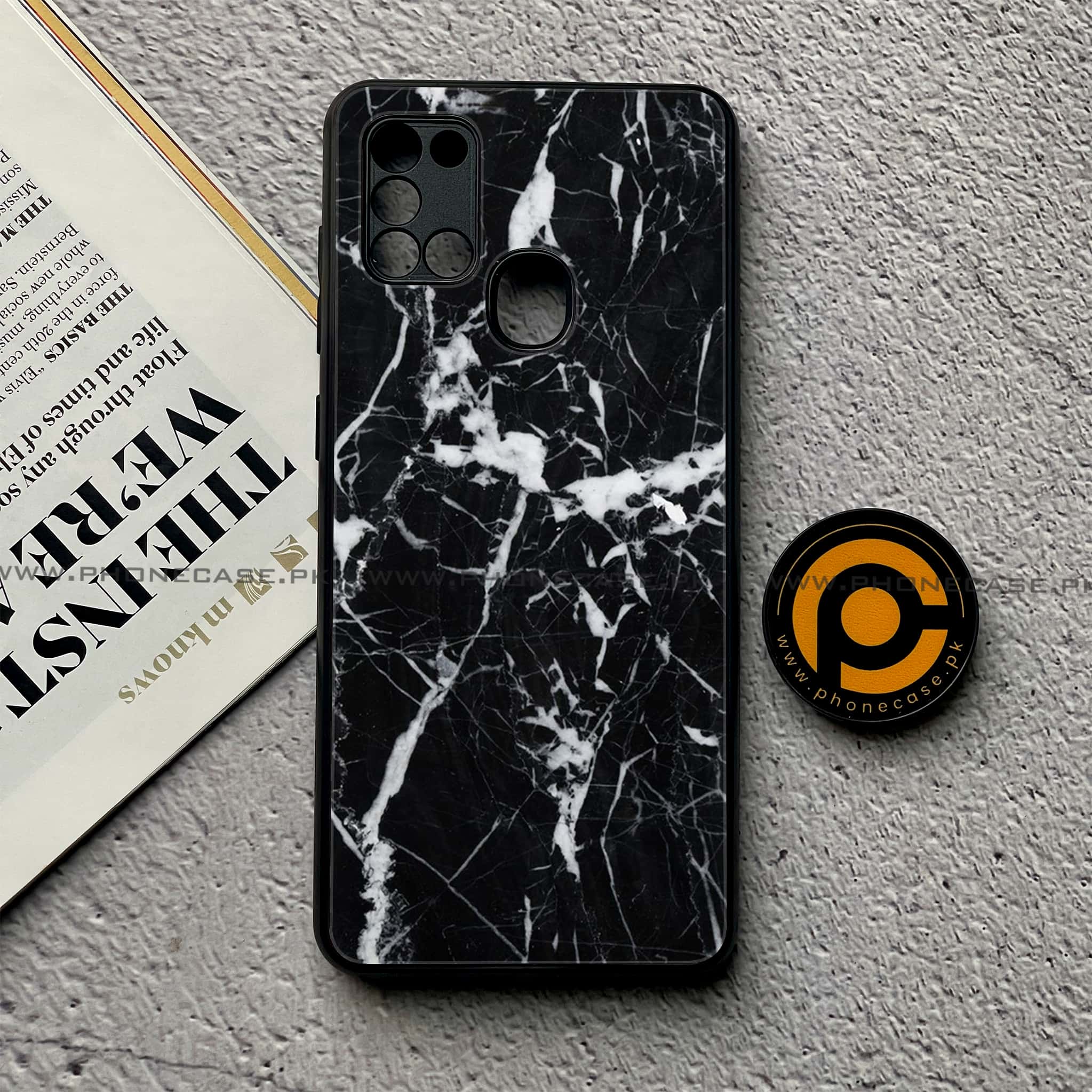 Samsung Galaxy A21s - Black Marble Series - Premium Printed Glass soft Bumper shock Proof Case