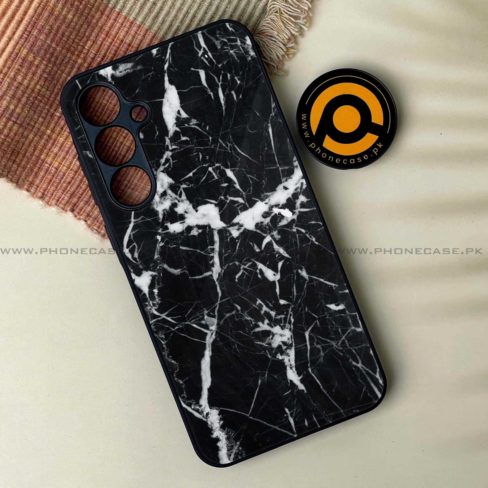 Samsung Galaxy A25 - Black Marble Series - Premium Printed Glass soft Bumper shock Proof Case