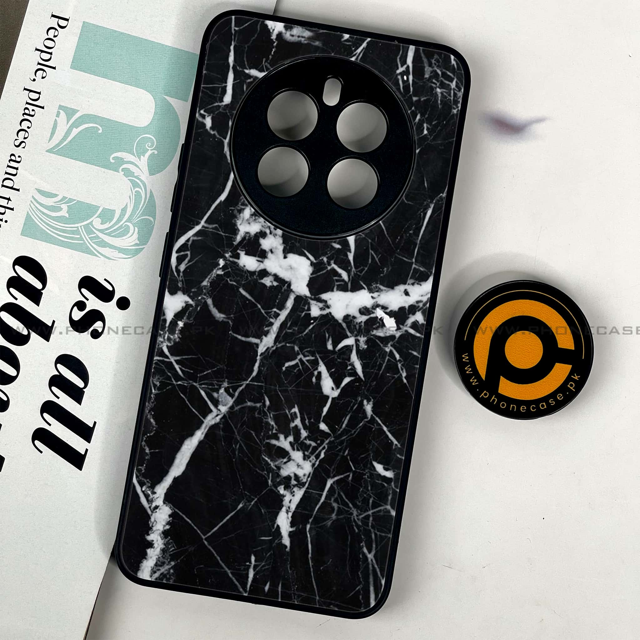 Realme 12 - Black Marble Series - Premium Printed Glass soft Bumper shock Proof Case