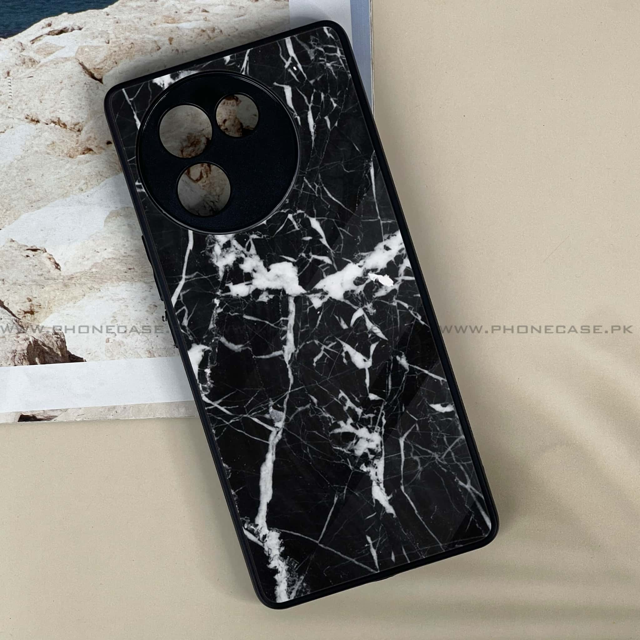 Vivo V30E - Black Marble Series - Premium Printed Metal soft Bumper shock Proof Case