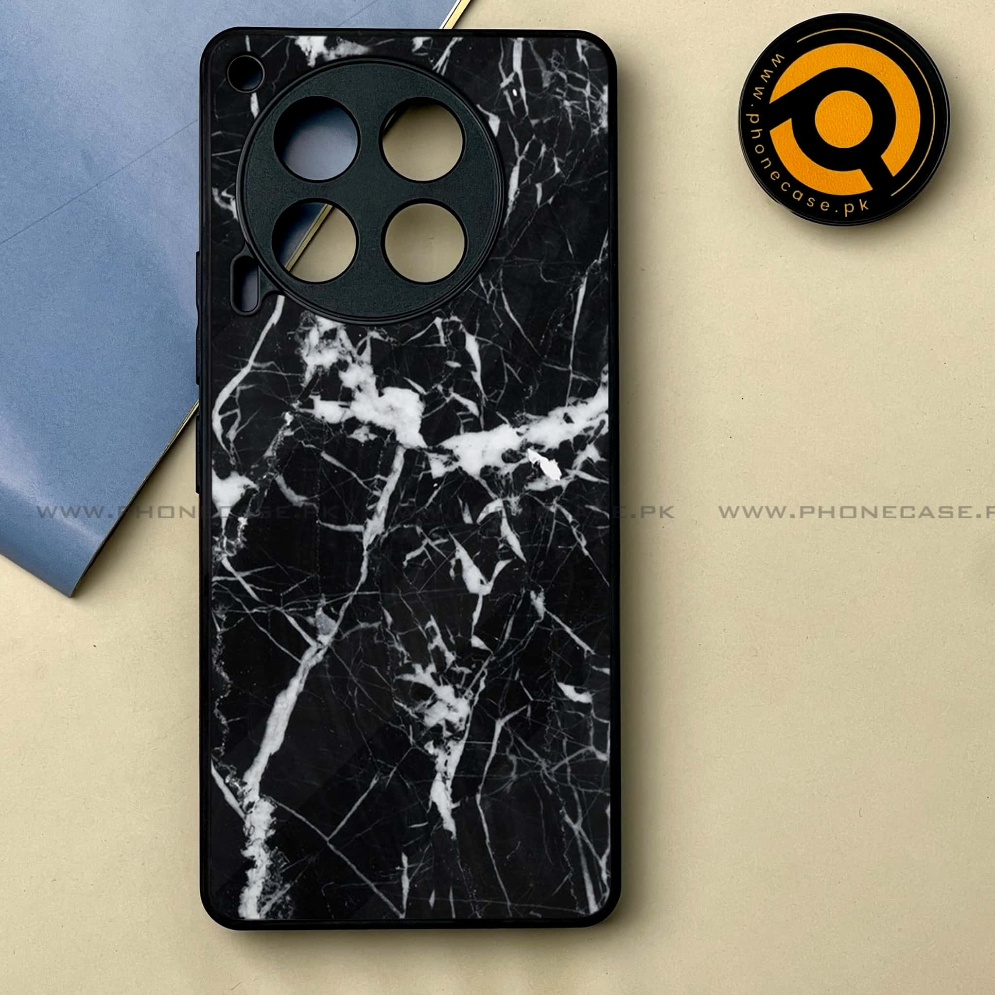 Tecno Camon 30 - Black Marble Series -  Premium Printed Metal soft Bumper shock Proof Case