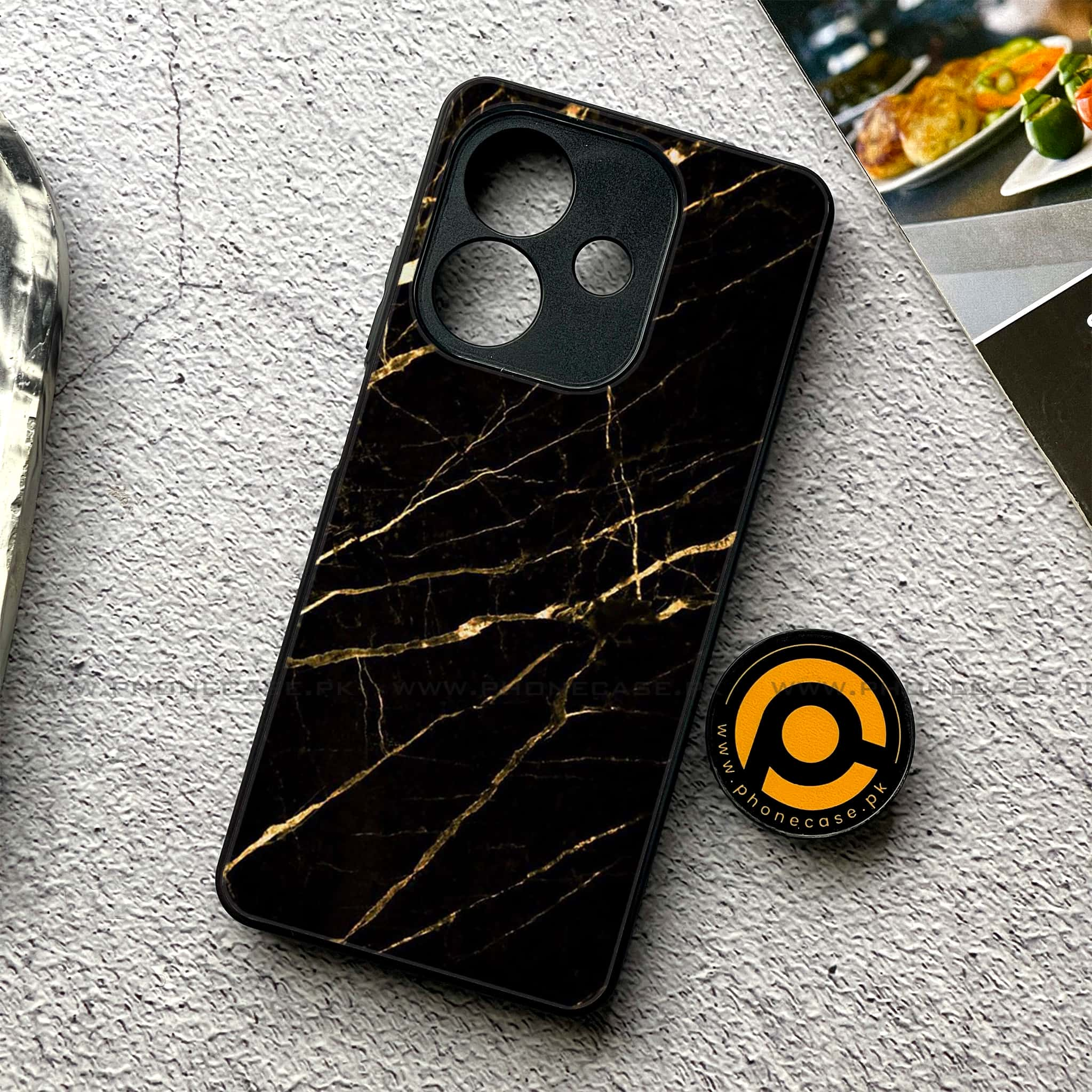 Oppo A3x - Black Marble Series - Premium Printed Glass soft Bumper shock Proof Case