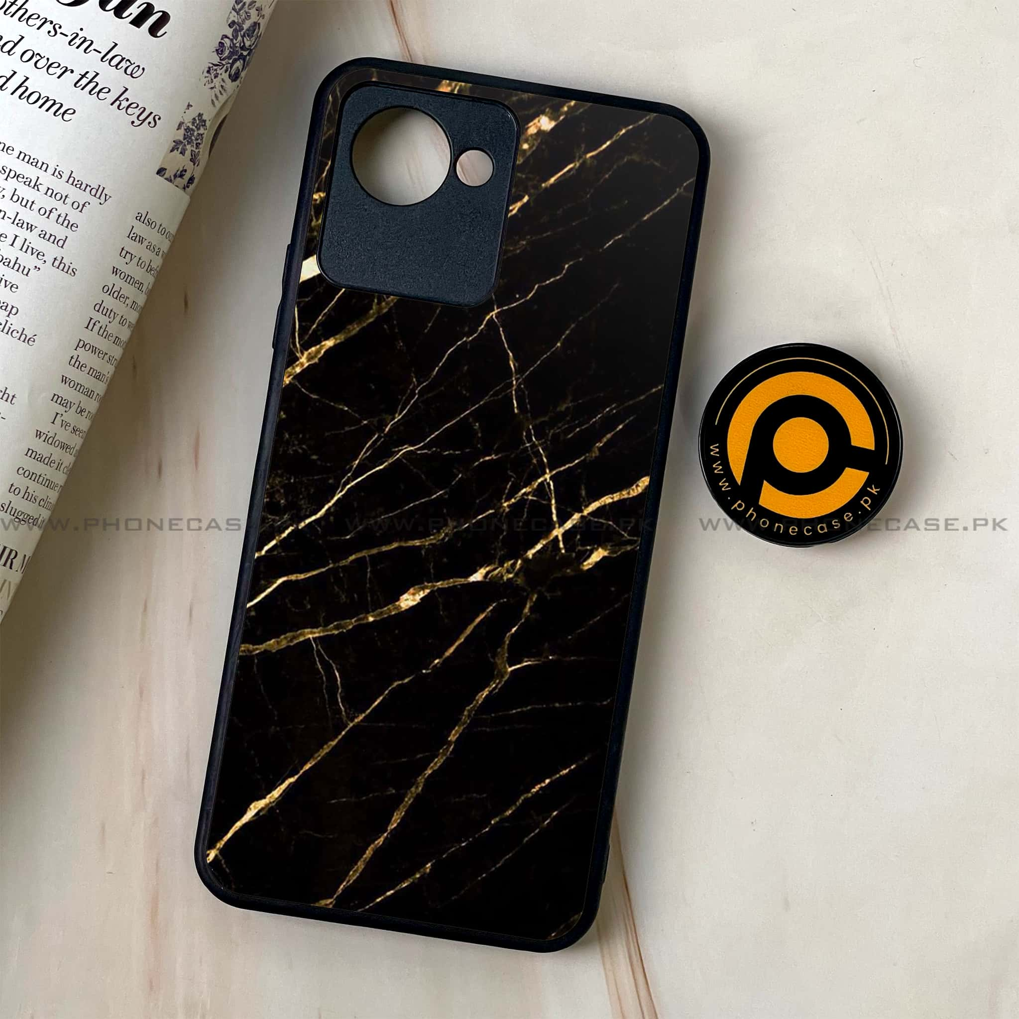 Realme C30 - Black Marble Series - Premium Printed Glass soft Bumper shock Proof Case