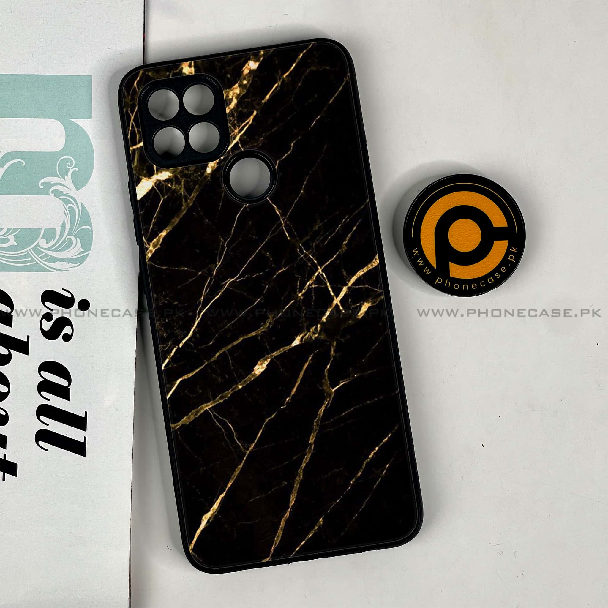 Oppo A15s - Black Marble Series - Premium Printed Glass soft Bumper shock Proof Case