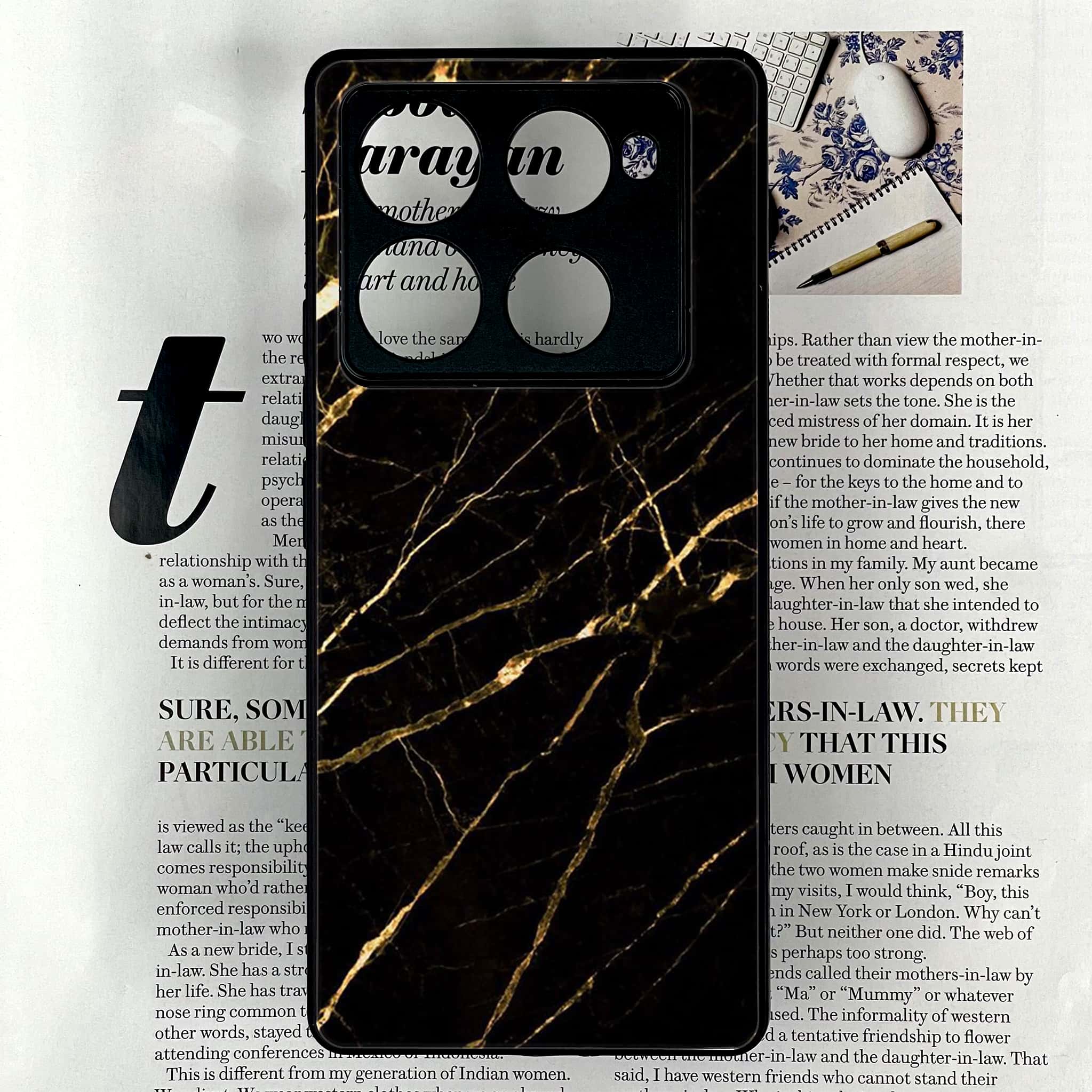 Infinix Note 40 Pro Plus - Black Marble Series - Premium Metal Printed soft Bumper shock Proof Case