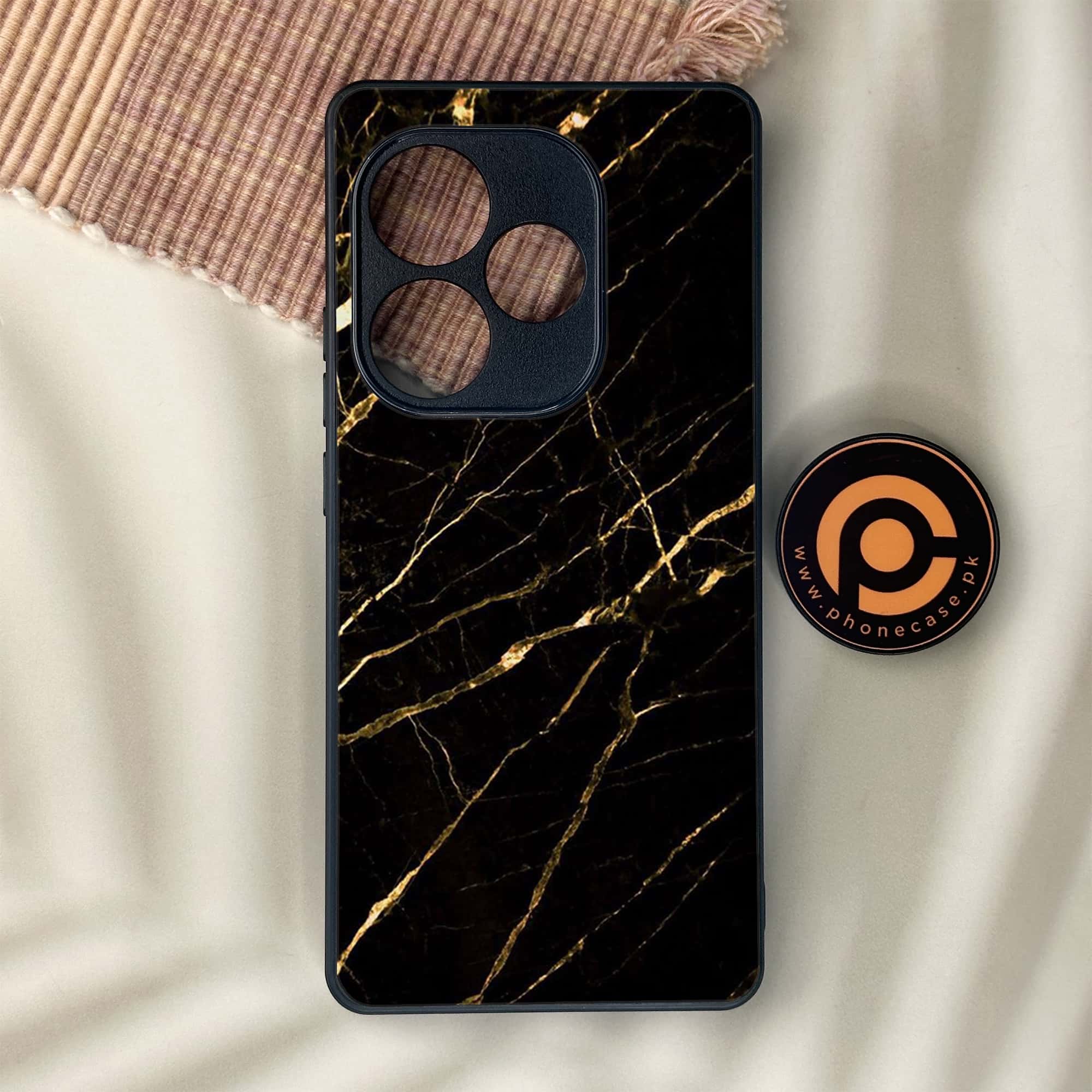 Realme GT 6 - Black Marble Series - Premium Metal Printed soft Bumper shock Proof Case