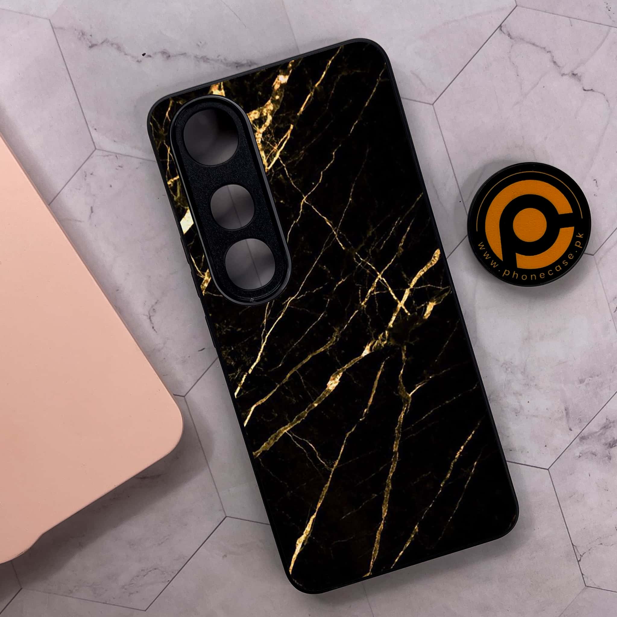 Vivo V50 Lite - Black Marble Series - Premium Metal Printed soft Bumper shock Proof Case