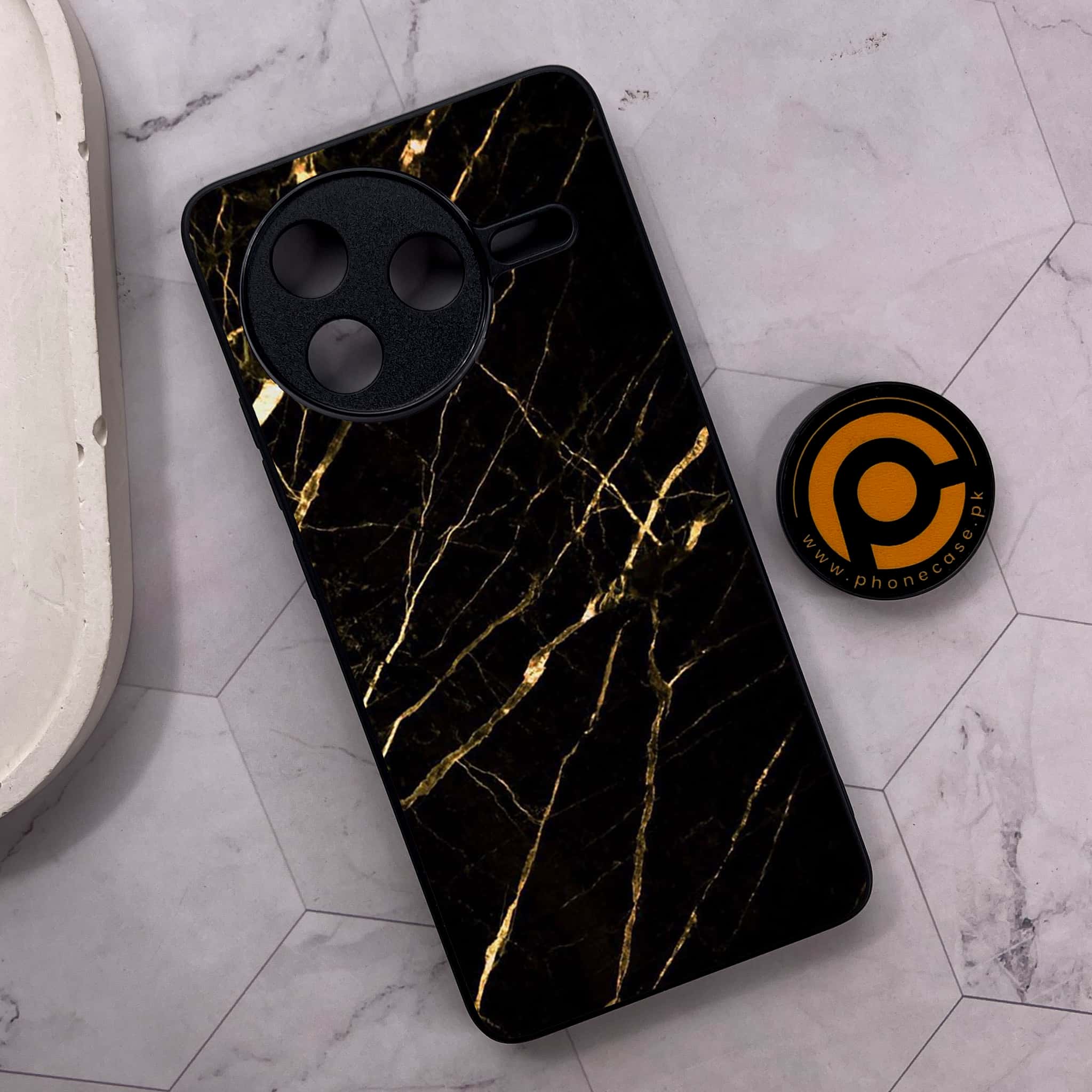 Xiaomi Poco F7 Pro 5G - Black Marble Series - Premium Metal Printed soft Bumper shock Proof Case
