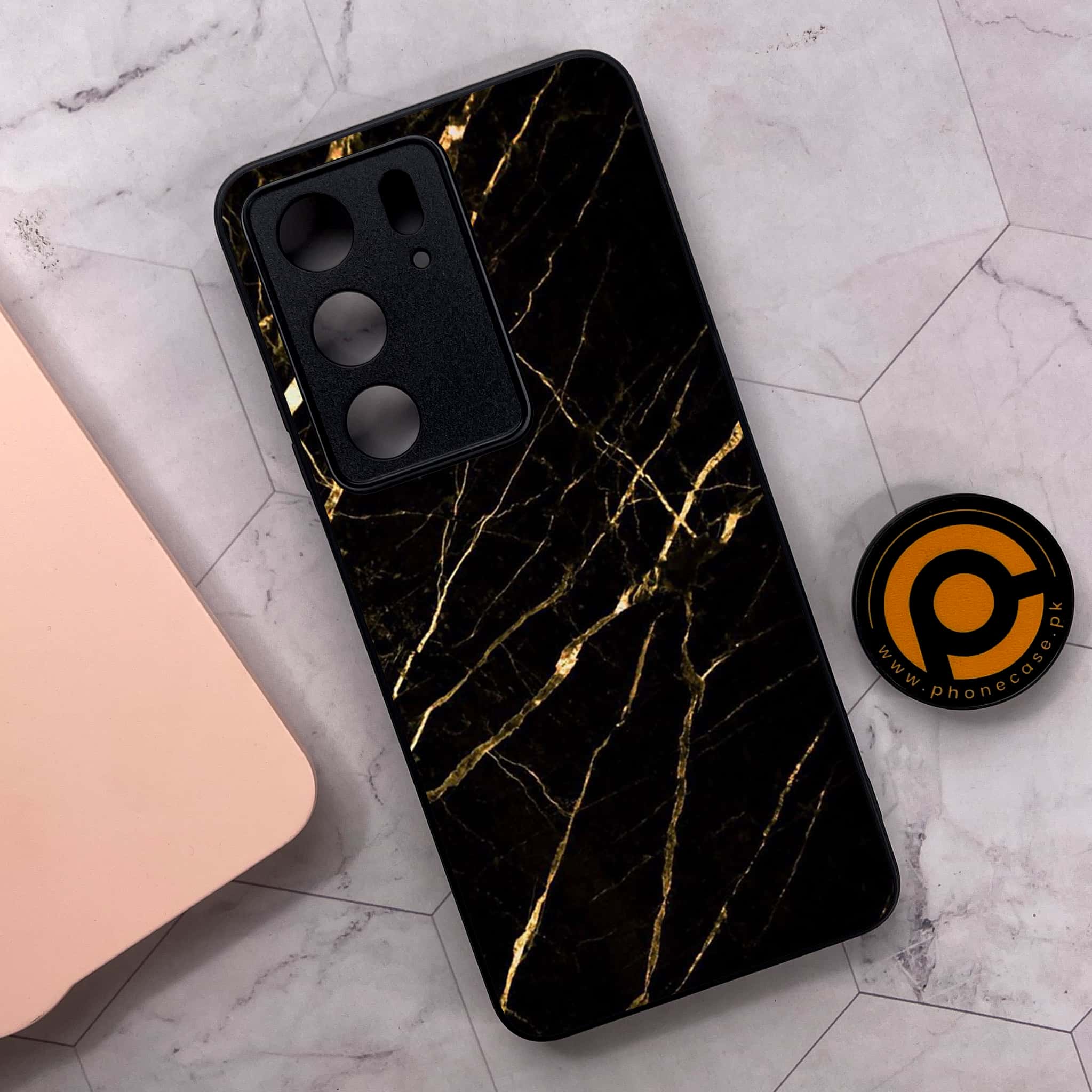 Realme C75x 4G - Black Marble Series - Premium Metal Printed soft Bumper shock Proof Case
