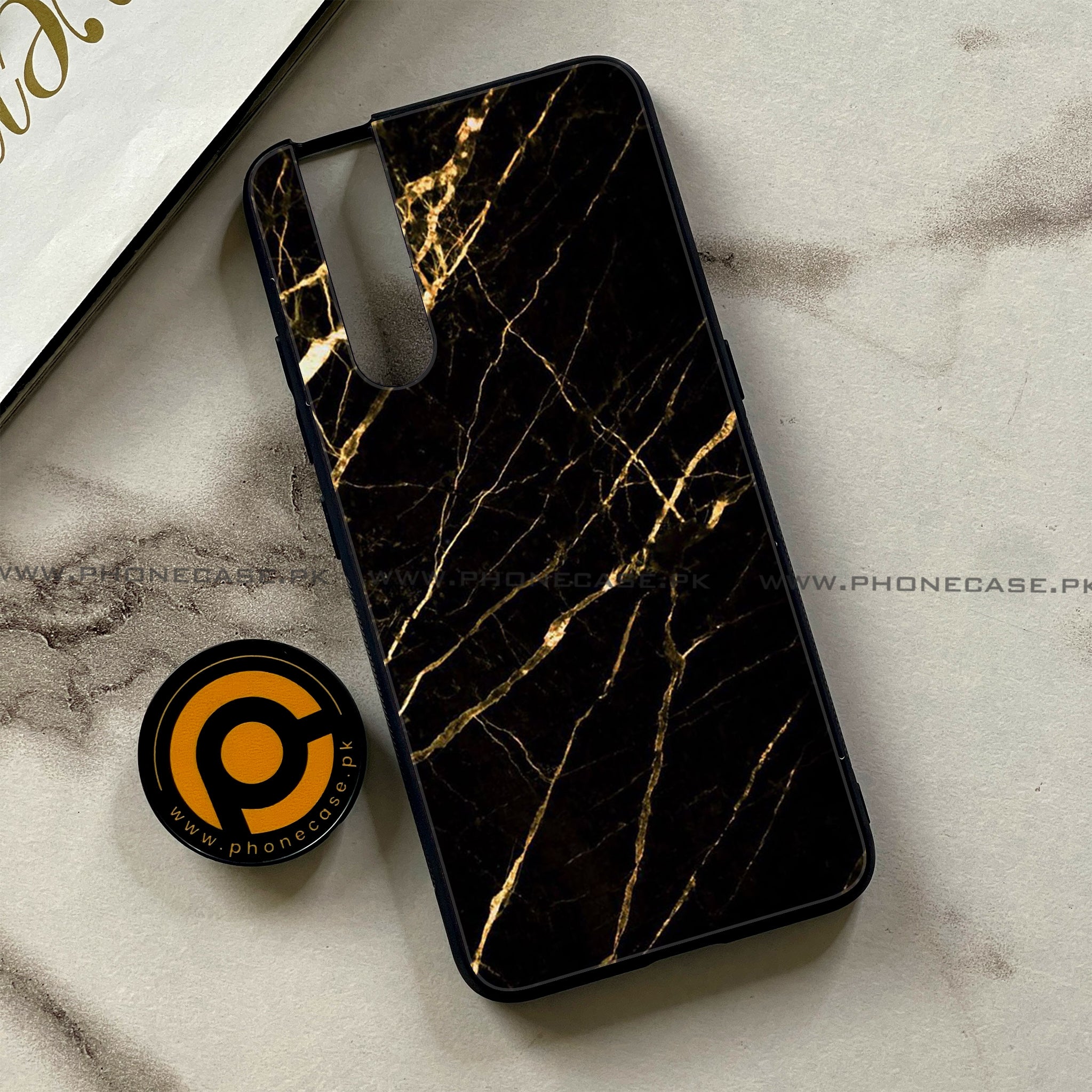 Vivo V15 Pro - Black Marble Series - Premium Printed Glass soft Bumper shock Proof Case