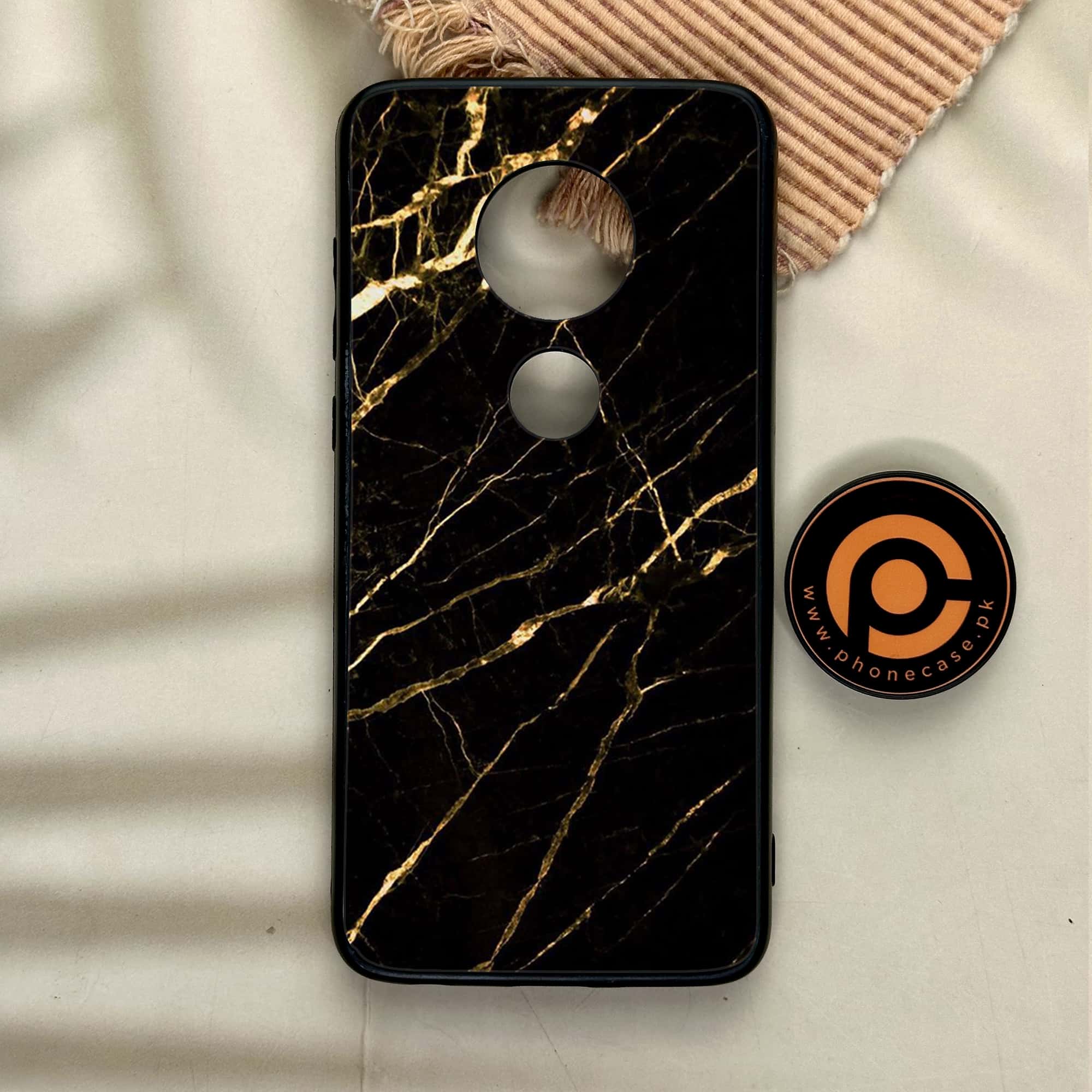 Moto G7 - Black Marble Series - Premium Printed Glass soft Bumper shock Proof Case