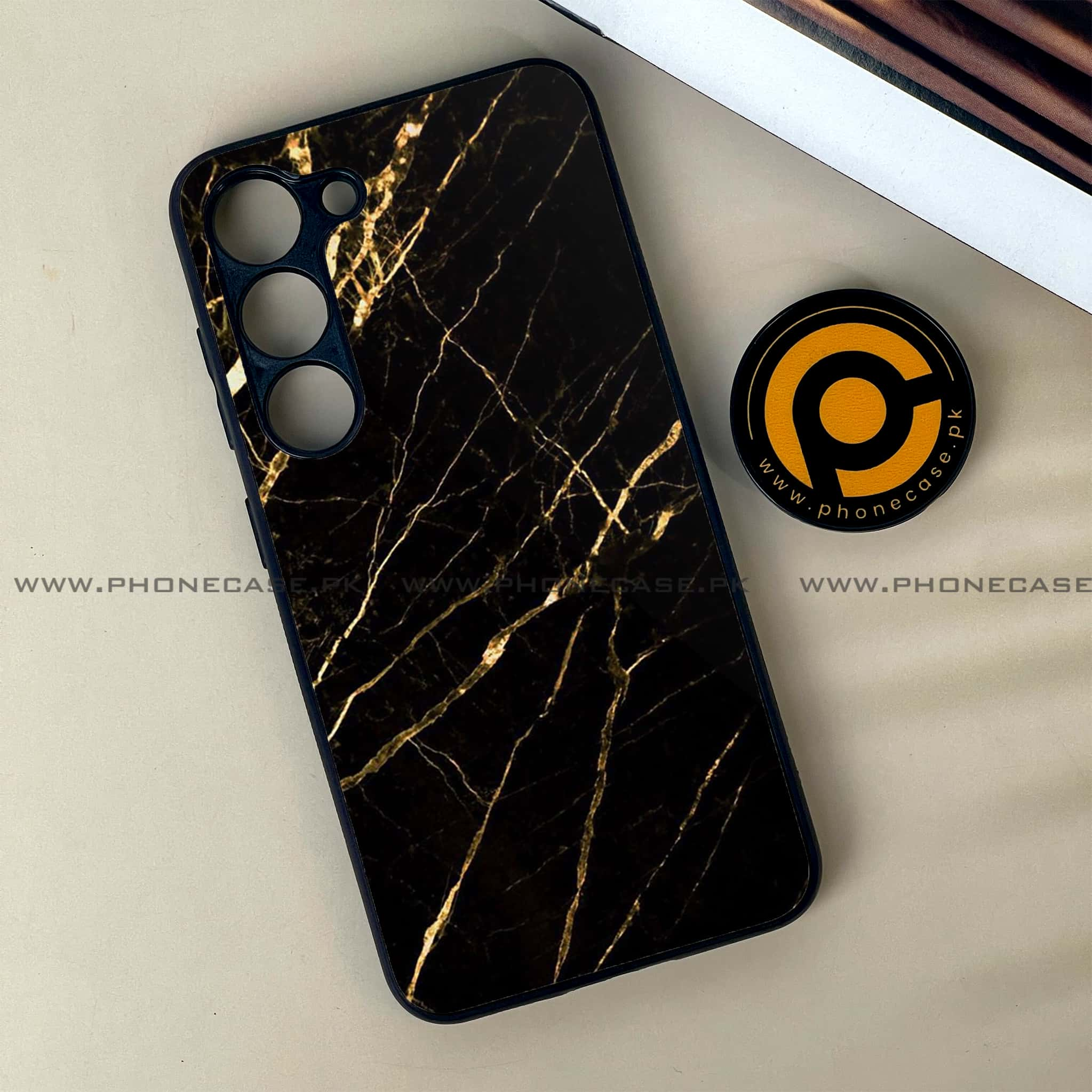 Samsung Galaxy S23 - Black Marble Series - Premium Printed Glass soft Bumper shock Proof Case