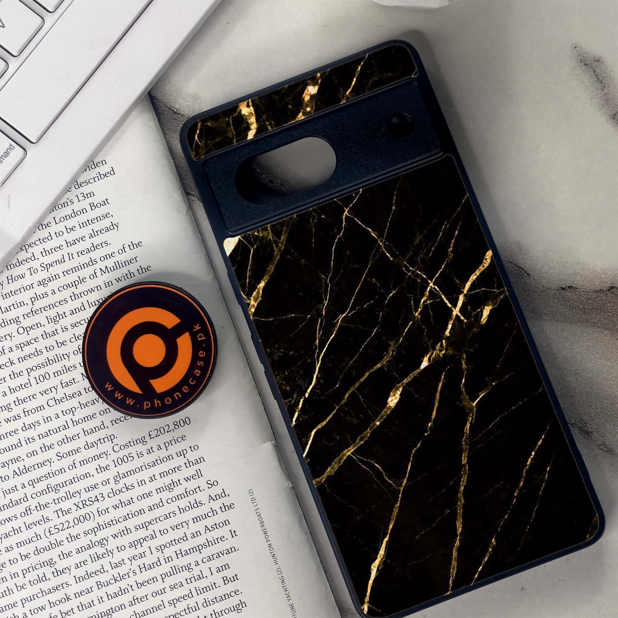 Google Pixel 7 - Black Marble Series - Premium Metal Printed soft Bumper Shock Proof Case