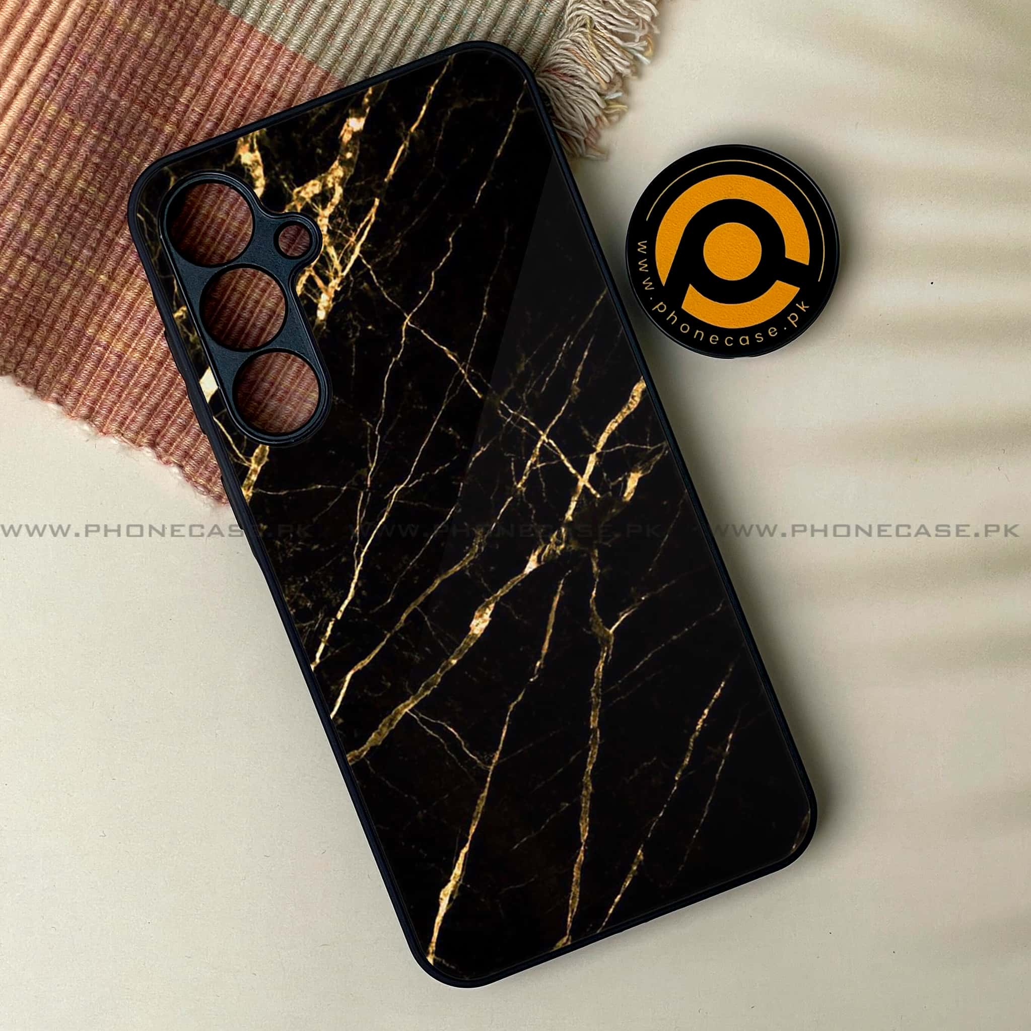 Samsung Galaxy A25 - Black Marble Series - Premium Printed Glass soft Bumper shock Proof Case