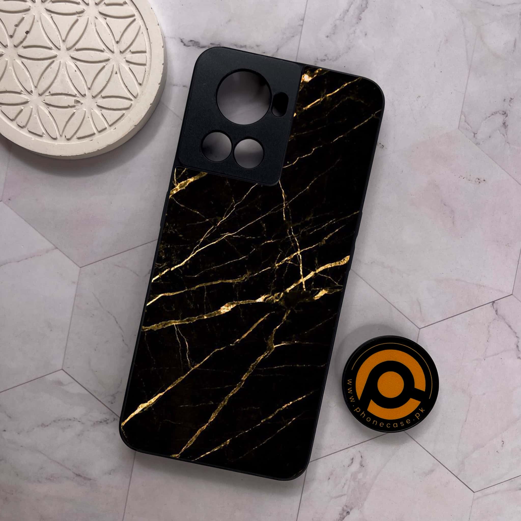 OnePlus 10R - Black Marble Series - Premium Metal Printed soft Bumper shock Proof Case