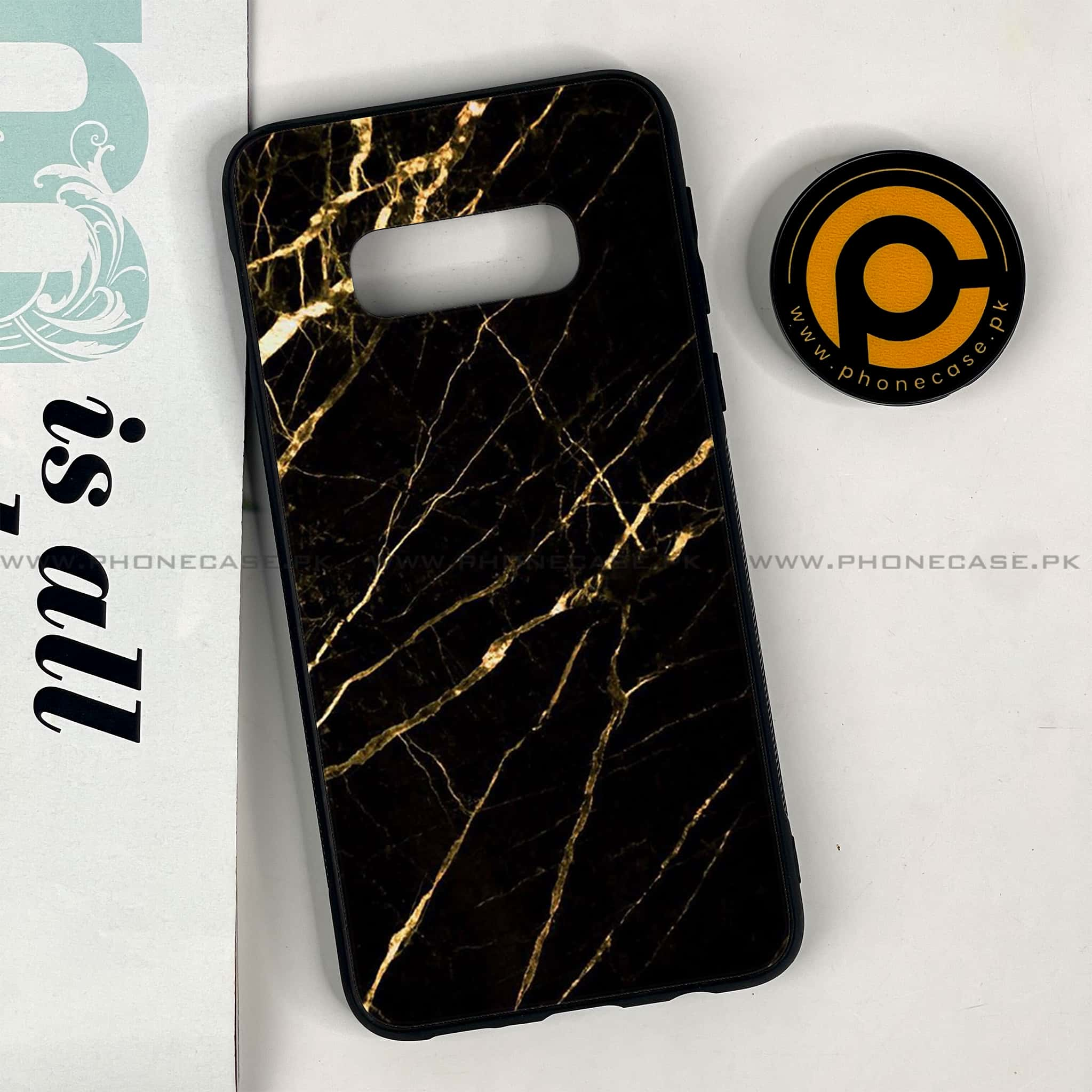 Galaxy S10e - Black Marble Series - Premium Printed Glass soft Bumper shock Proof Case