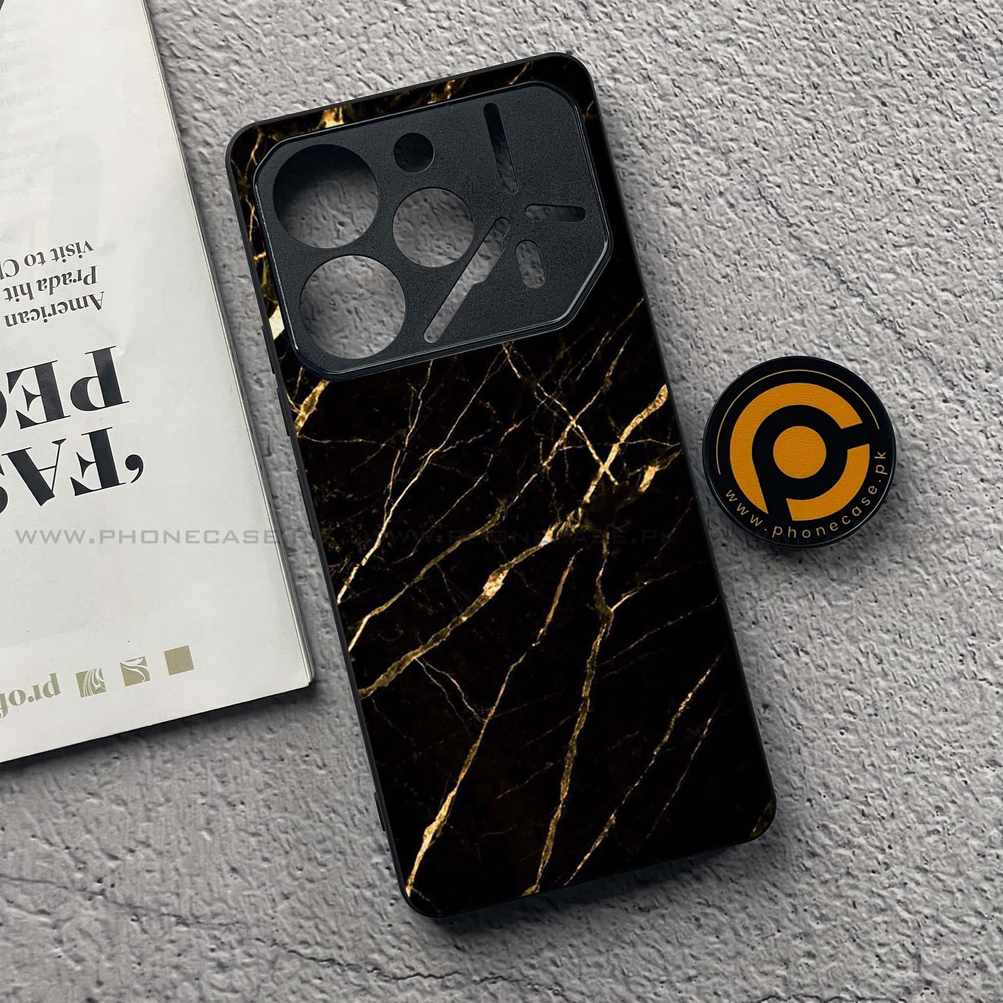Tecno Pova 6 Pro - Black Marble Series - Premium Printed Glass soft Bumper shock Proof Case