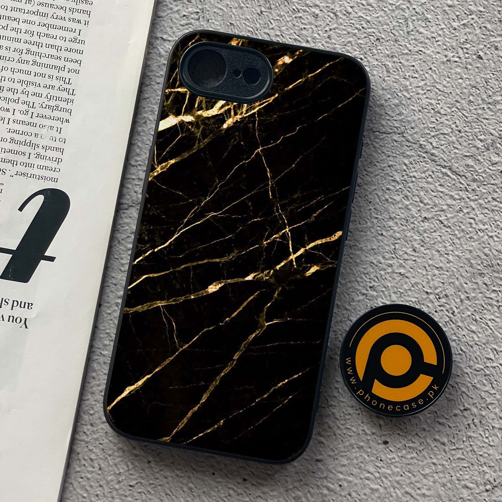 iPhone 16e - Black Marble Series - Premium Metal  Printed soft Bumper shock Proof Case