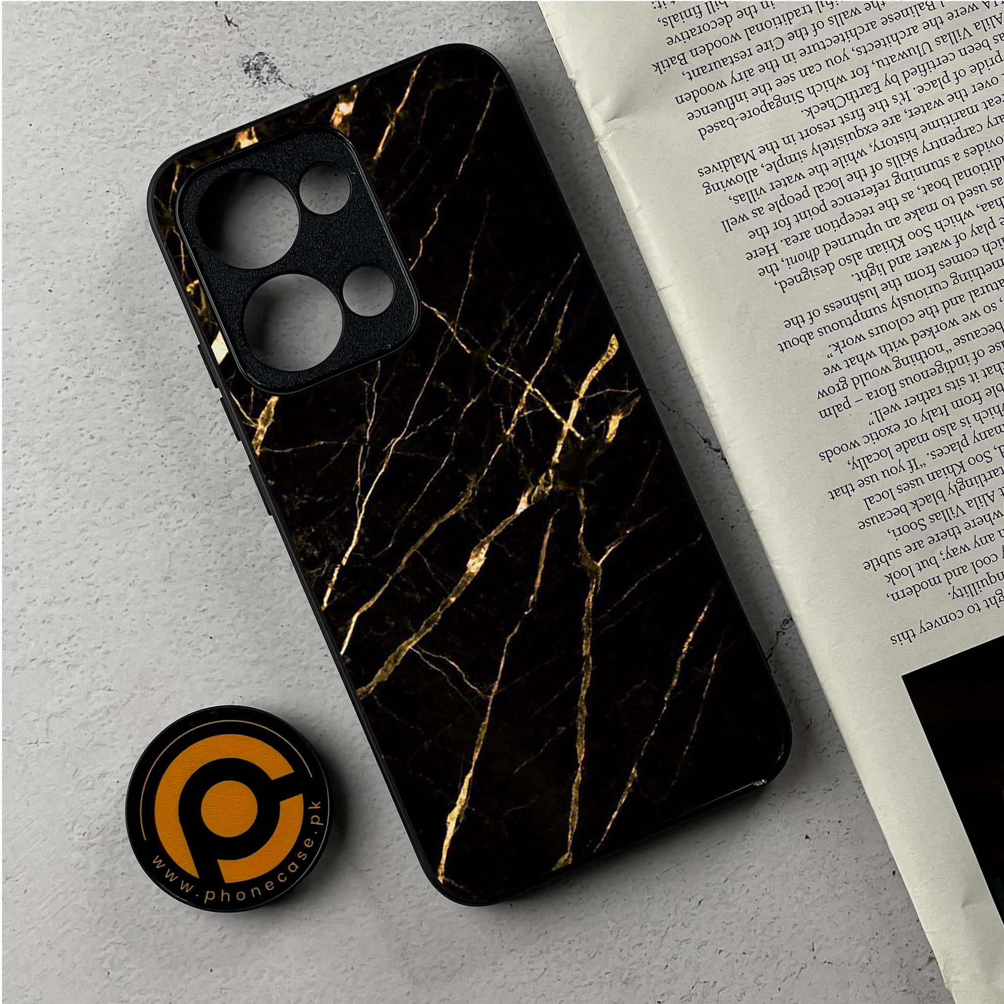 Oppo Reno 13 - Black Marble Series - Premium Metal Printed Soft Bumper Shockproof Case