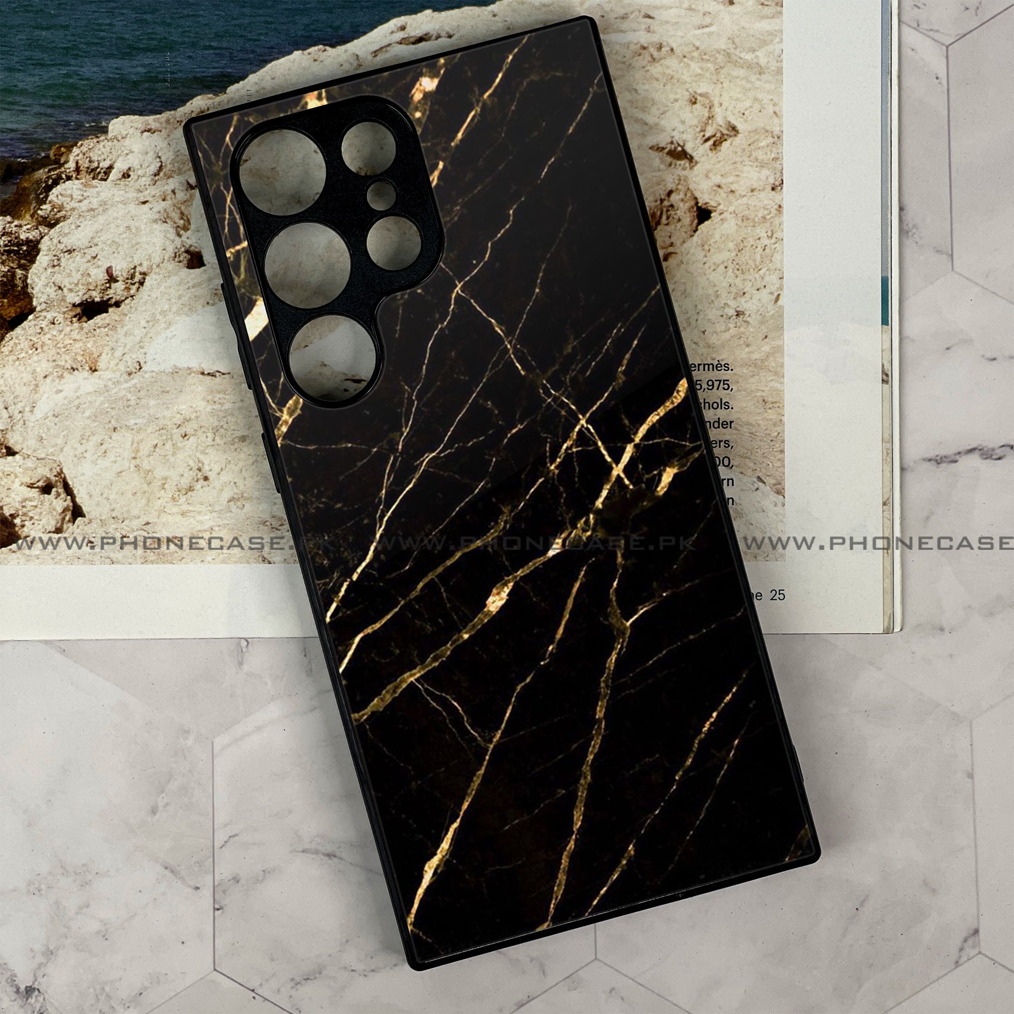 Samsung Galaxy S22 Ultra - Black Marble Series - Premium Printed Glass soft Bumper shock Proof Case