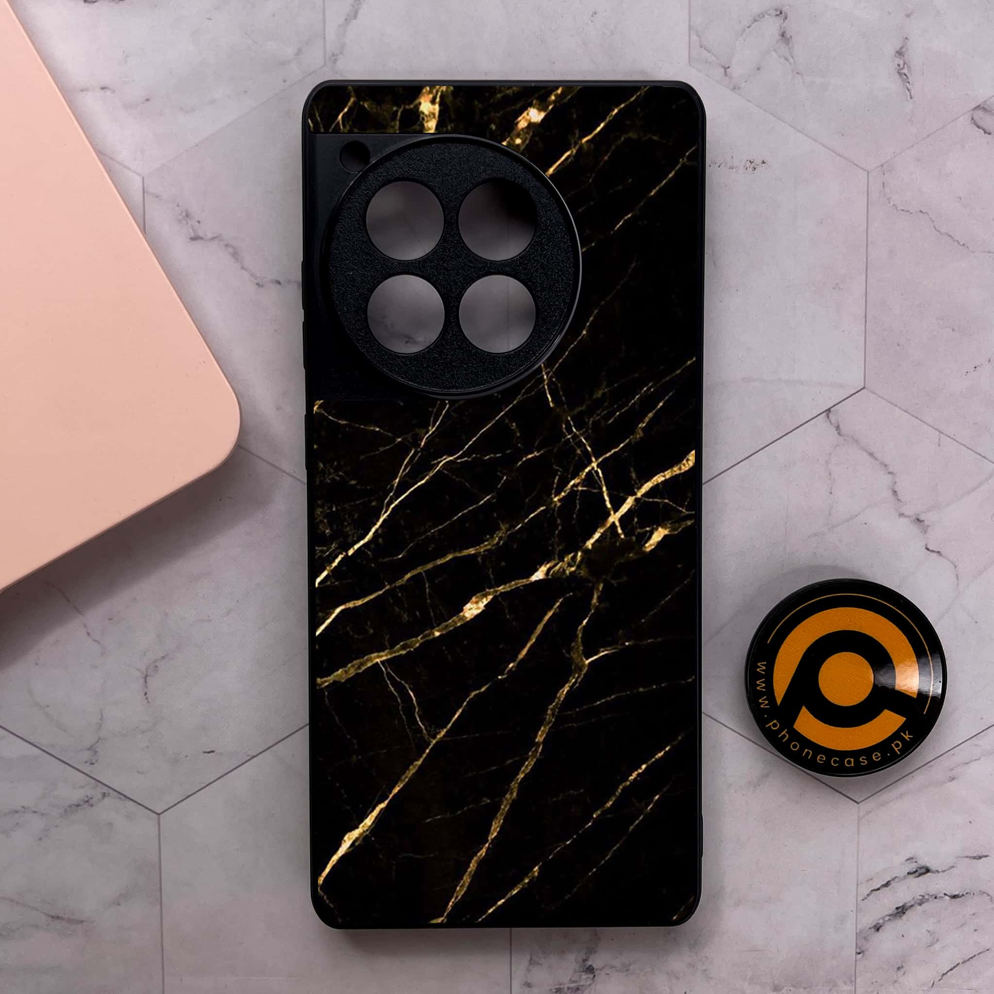 OnePlus 12R - Black Marble Series - Premium Metal Printed soft Bumper shock Proof Case