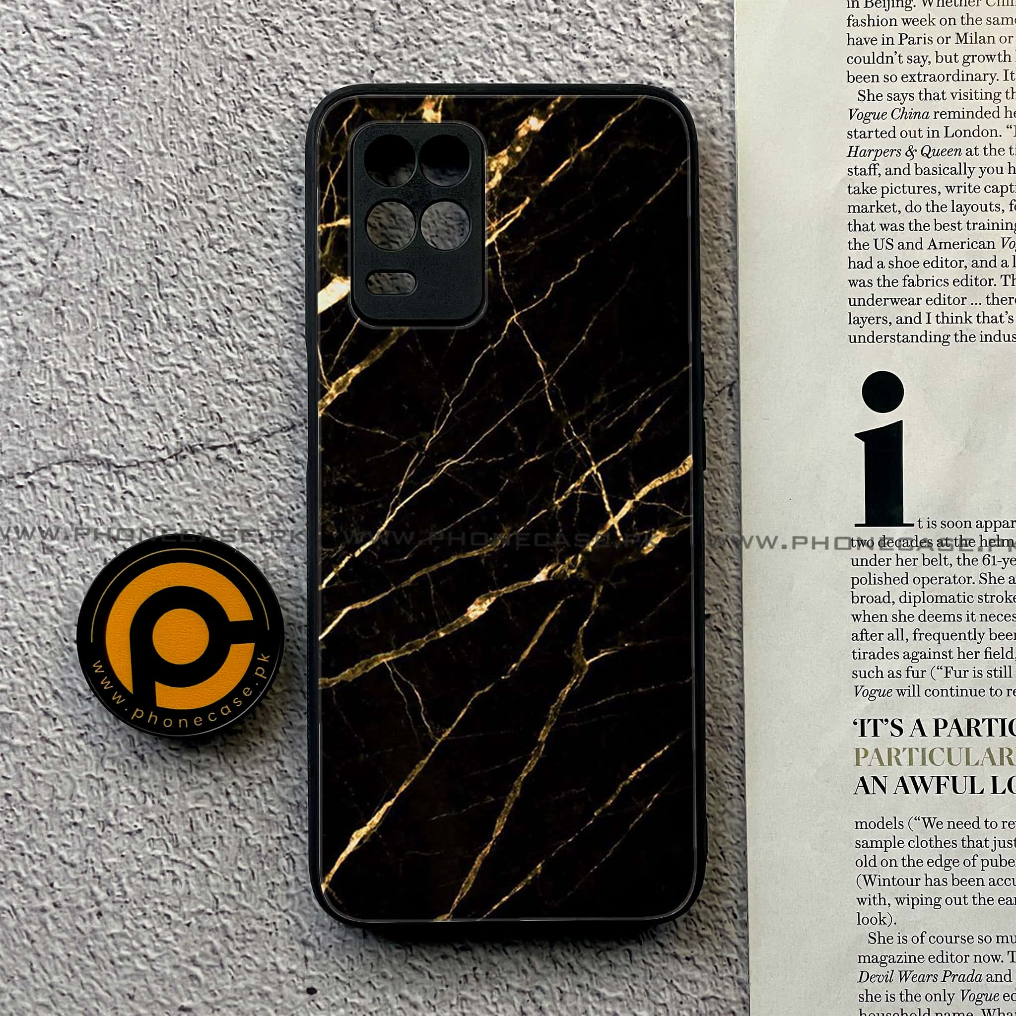 Realme Narzo 30 5G - Black Marble Series - Premium Printed Glass soft Bumper shock Proof Case