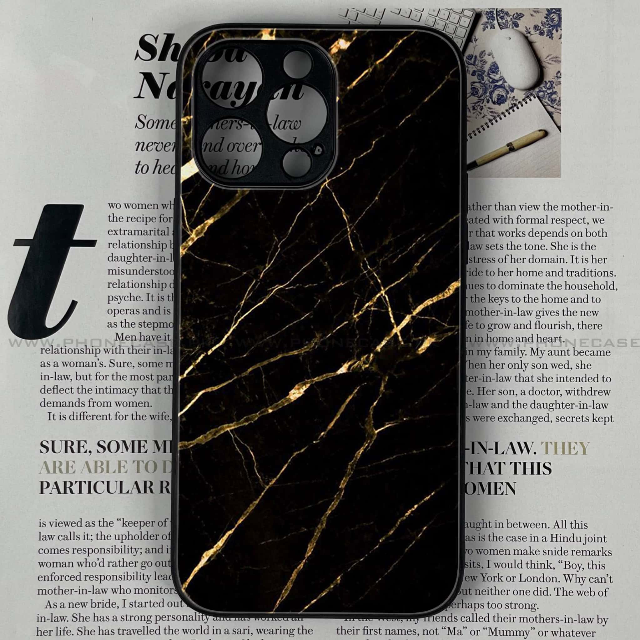 iPhone 14 Pro Max - Black Marble Series - Premium Printed Glass soft Bumper shock Proof Case