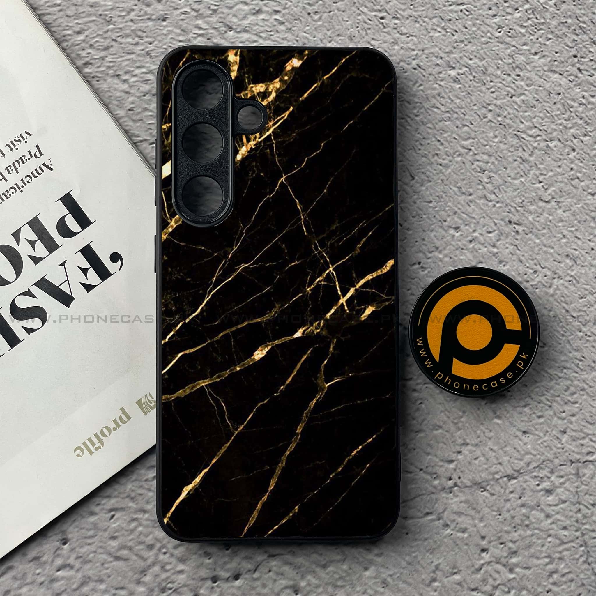 Samsung Galaxy S25 FE - Black Marble Series - Premium Metal Printed soft Bumper shock Proof Case