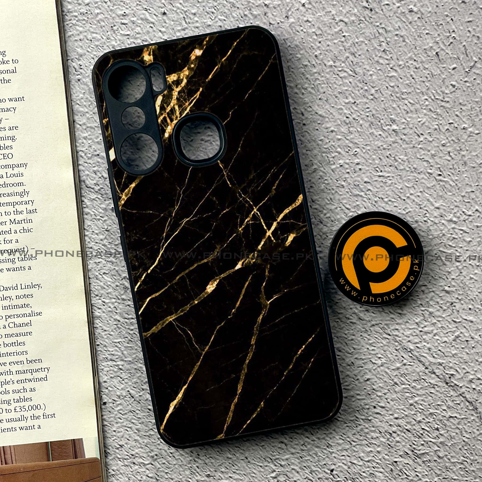 Infinix Hot 12 Pro - Black Marble Series - Premium Printed Glass soft Bumper shock Proof Case