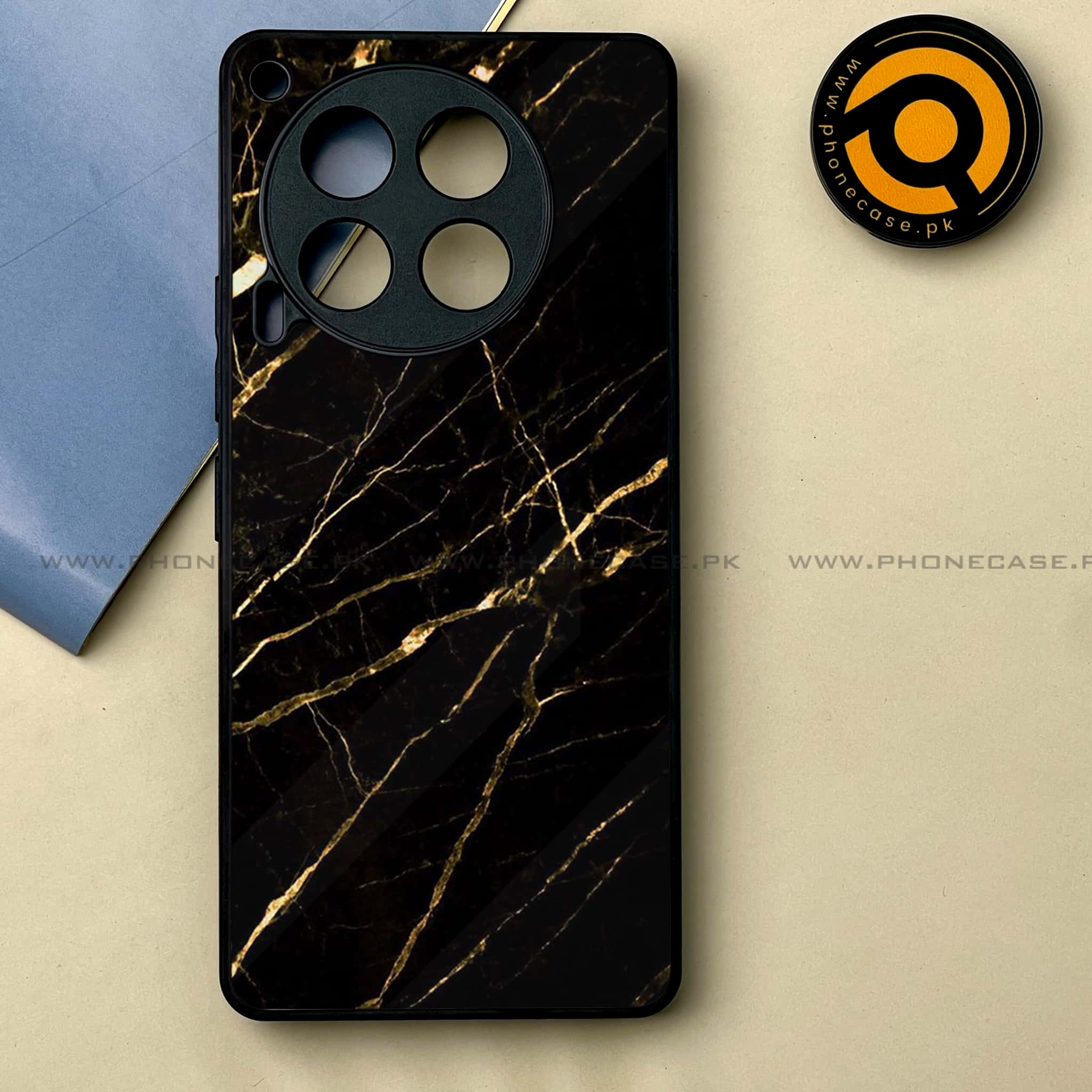 Tecno Camon 30 - Black Marble Series -  Premium Printed Metal soft Bumper shock Proof Case